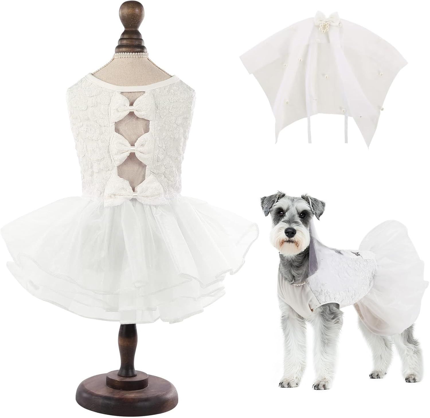 ASENKU Dog Dress, Dog Wedding Dress, Pet Lace Princess Dress with Bows for Wedding Birthday Party, Puppy Formal Apparel with Pearl Necklace for Small Medium Dogs (White, Medium)