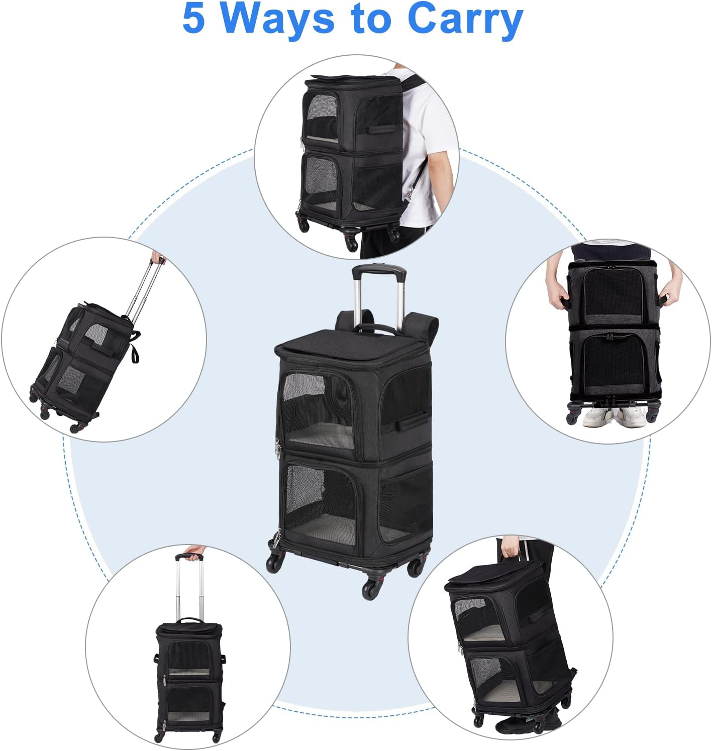 Double Pet Carrier Backpack with Wheels for Small Cats and Dogs, Rolling Cat Travel Carrier, Super Ventilated Design, Ideal for Traveling/Hiking/Camping, Black - Image 4