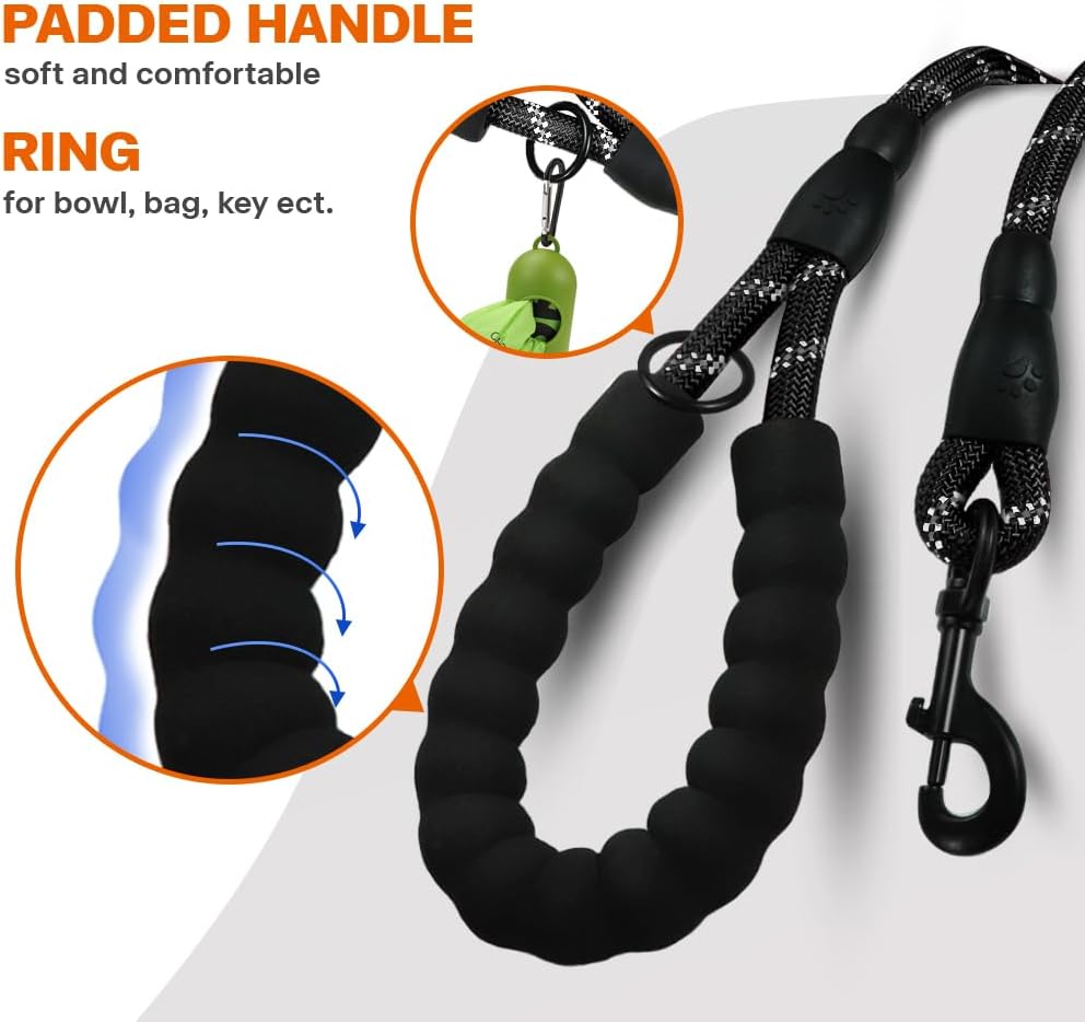 Taglory Rope Dog Leash 6 FT with Comfortable Padded Handle, Highly Reflective Threads Leash and Anti-Tangle Clip for Walking Medium Large Dogs, 1/2 inch, Black - Image 4