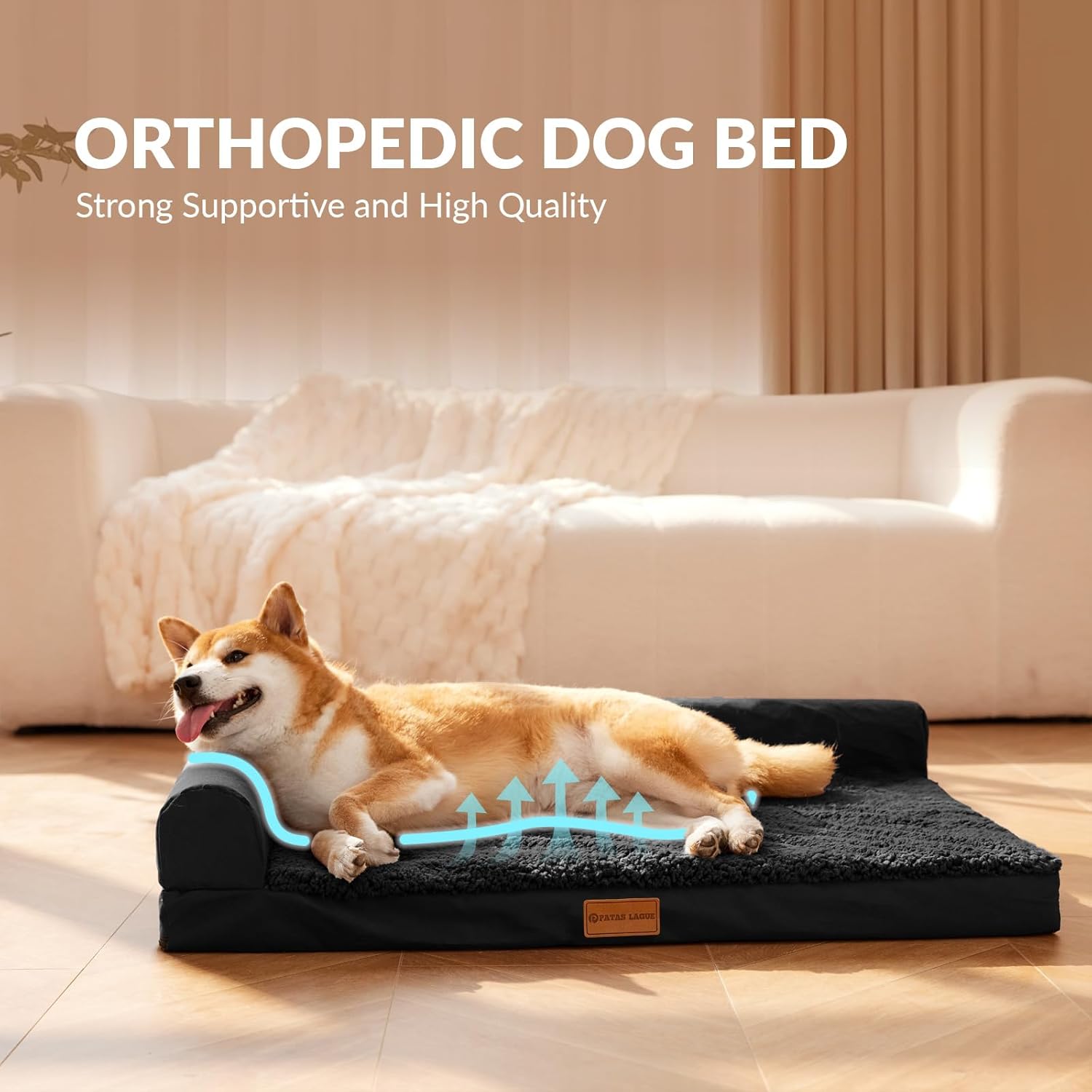 Patas Lague Orthopedic Dog Bed Large Sized Dog 36''X24'', Waterproof L Bolster Medium Pet Sofa Beds with Removable Washable Cover, Soft Comfortable Pet Couch Crate Mat with Nonskid Bottom, Black - Image 3