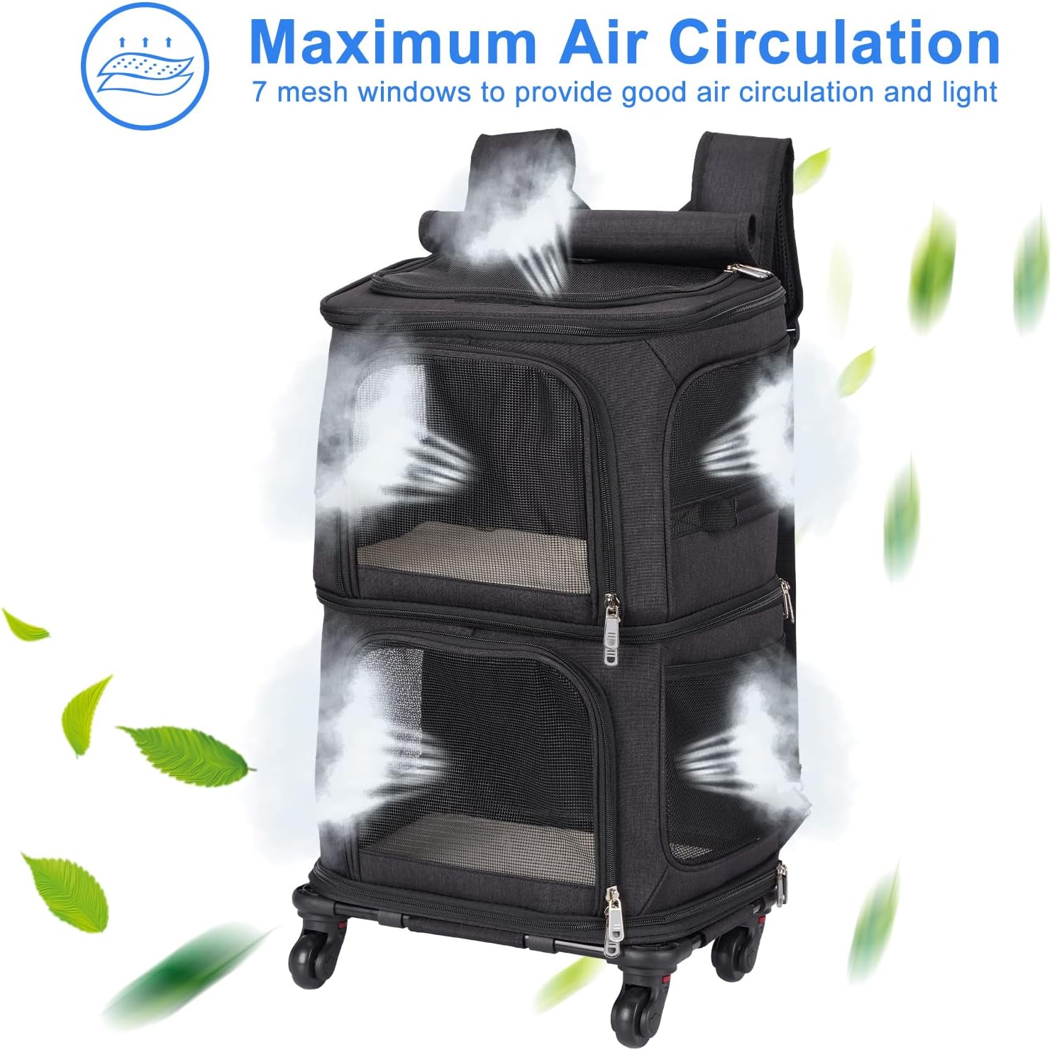 Double Pet Carrier Backpack with Wheels for Small Cats and Dogs, Rolling Cat Travel Carrier, Super Ventilated Design, Ideal for Traveling/Hiking/Camping, Black - Image 3