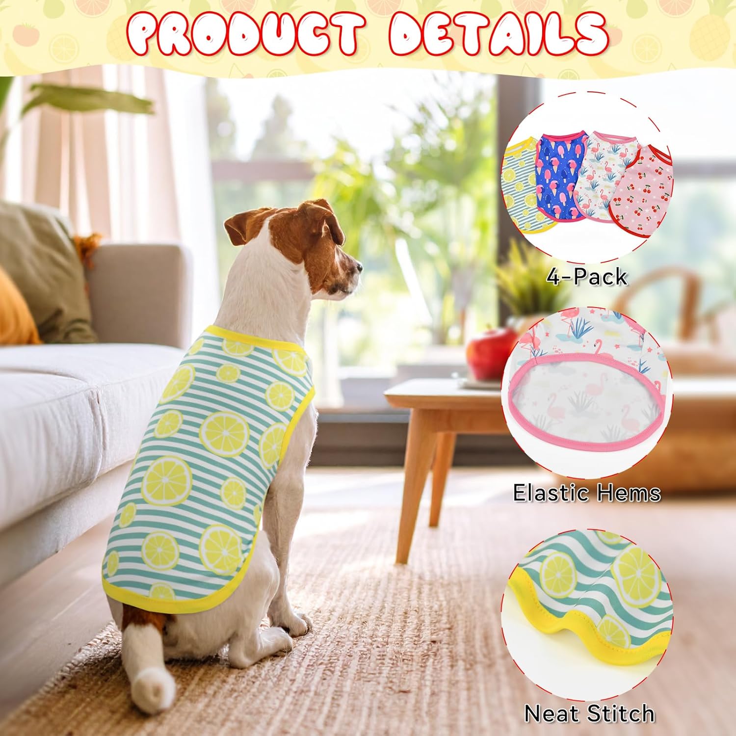Vehomy 4-Pack Dog Summer Shirt Puppy Cat Summer Cool Sleeveless with Lemon Cherry Icecream Flamingo Patterns Dog Cooling Vest Pet Stripe Tank Tops Outfits Clothes for Small Medium Dogs XS - Image 3