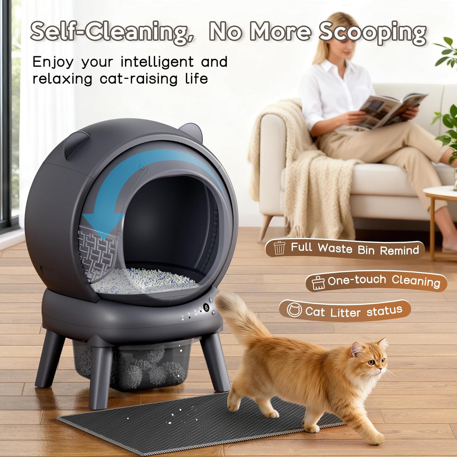Automatic Litter Box, Self Cleaning Litter Box with App Control, Large Capacity for Multiple Cats, Noise & Odor Control, Dual Safety Sensors, Easy Maintenance with 2 Roll Garbage Bags, Gray - Image 2