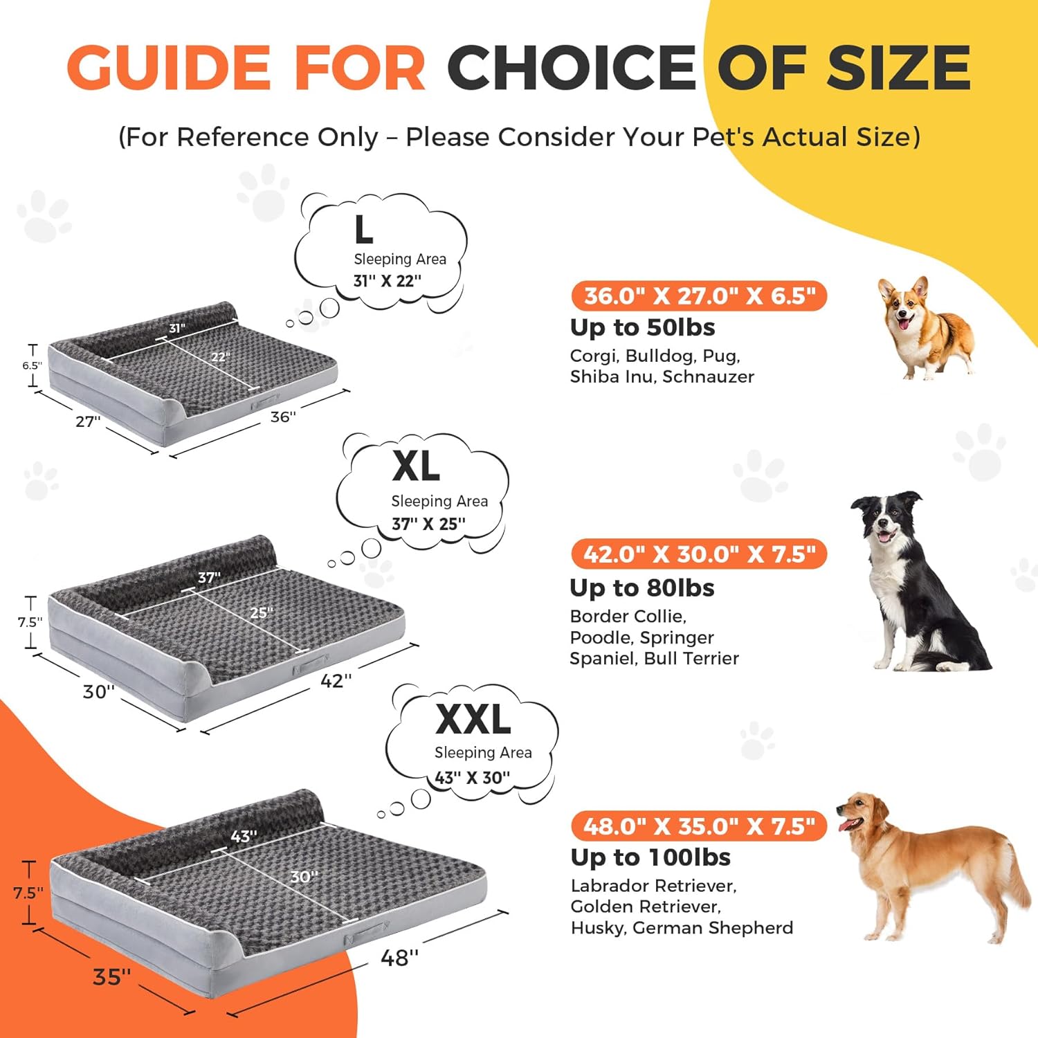 Dog Beds Large Sized Dogs, XL Orthopedic Dog Beds for Large Dogs 42"x30"x7.5", Waterproof Pet Bed with Washable Cover, L-Shaped Pet Couch with Portable Handle, Grey - Image 4