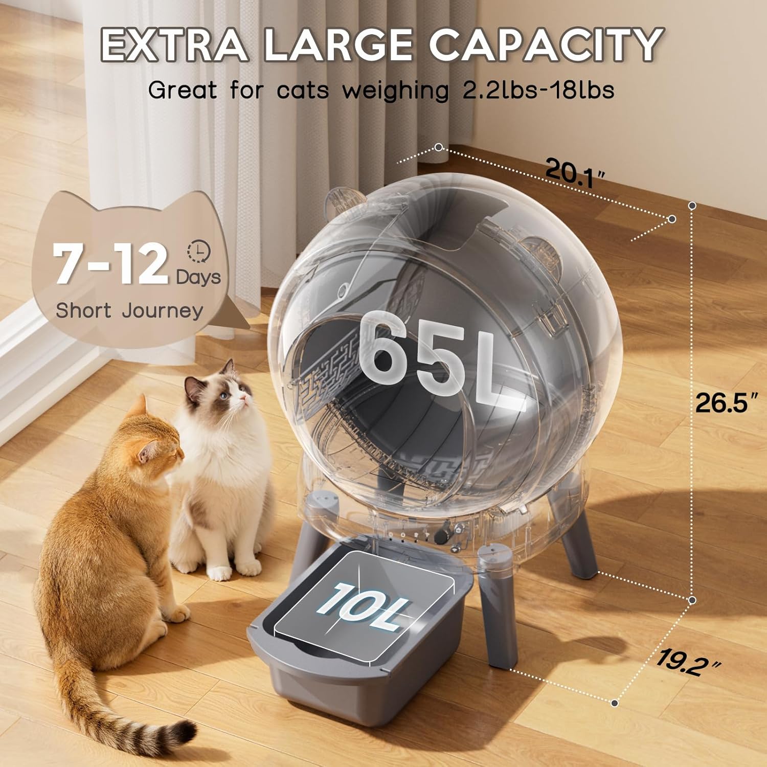 Automatic Litter Box, Self Cleaning Litter Box with App Control, Large Capacity for Multiple Cats, Noise & Odor Control, Dual Safety Sensors, Easy Maintenance with 2 Roll Garbage Bags, Gray - Image 3