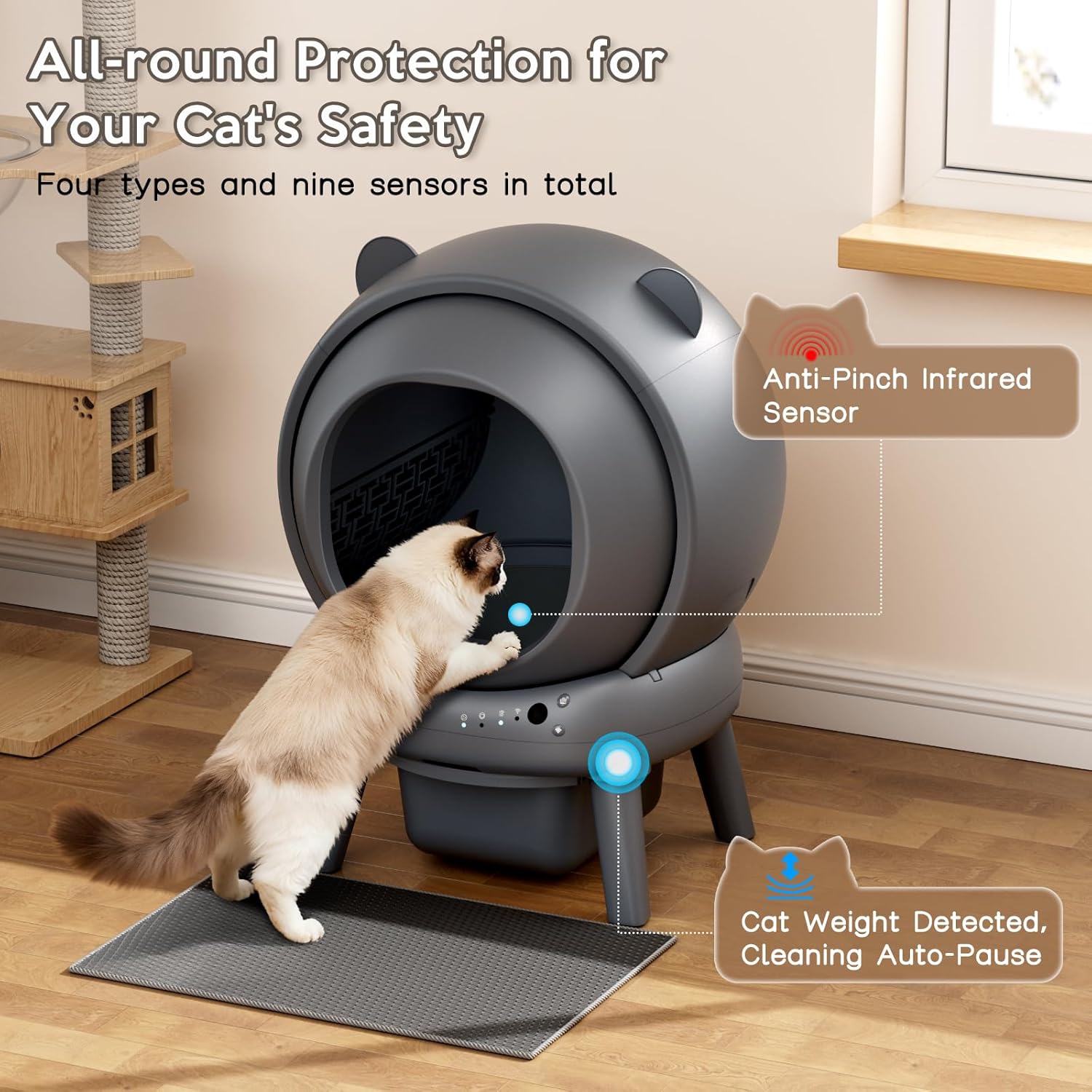 Automatic Litter Box, Self Cleaning Litter Box with App Control, Large Capacity for Multiple Cats, Noise & Odor Control, Dual Safety Sensors, Easy Maintenance with 2 Roll Garbage Bags, Gray - Image 5