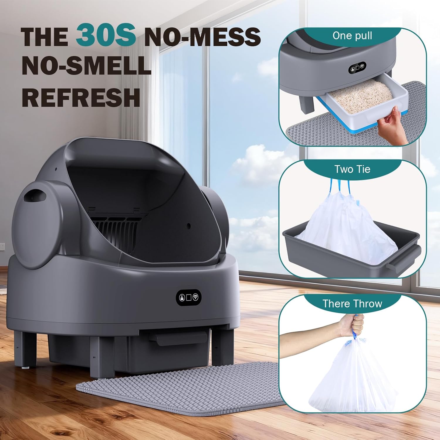 Automatic Litter Box, Open Top Large Self Cleaning Cat Litter Box for Multiple Cats, with APP Control/Multiple Safety Sensors/Trash Bag/Litter Mat, Cat Box Automatic Cleaning - Image 3