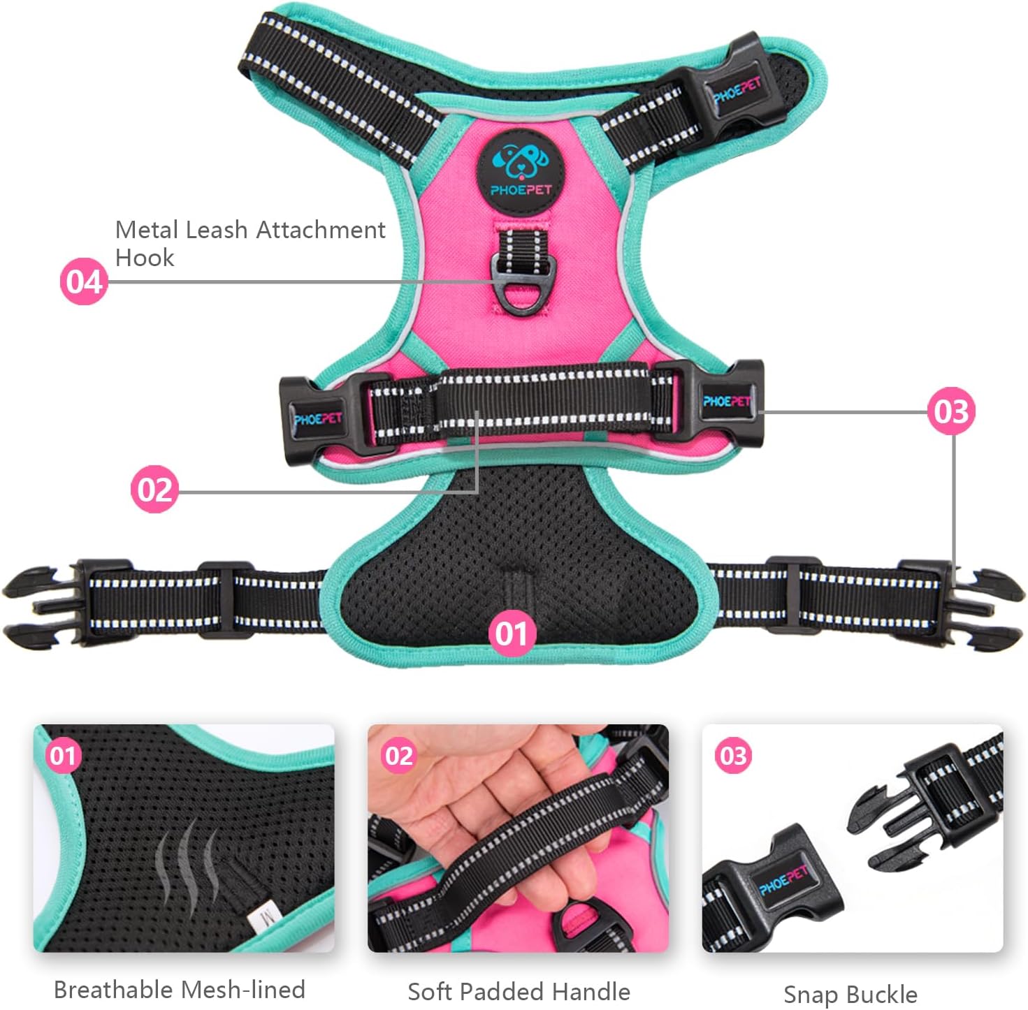 PHOEPET 2019 Upgraded No Pull Dog Harness, Reflective Adjustable Vest, with a Training Handle + 2 Metal Leash Hooks+ 3 Snap Buckles +4 Slide Buckles(L, Pink) - Image 3