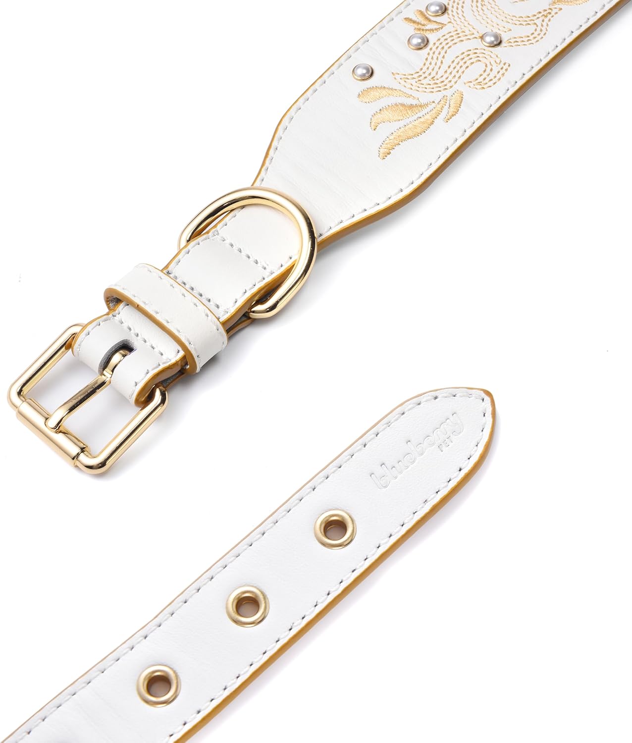 Blueberry Pet Western Genuine Leather Dog Collar for Medium Breeds, Pearl White - Floral Embroidery, Pearl Studs, Adjustable 15-18 Inch Neck, Dog Collars for Medium Dogs - Image 4