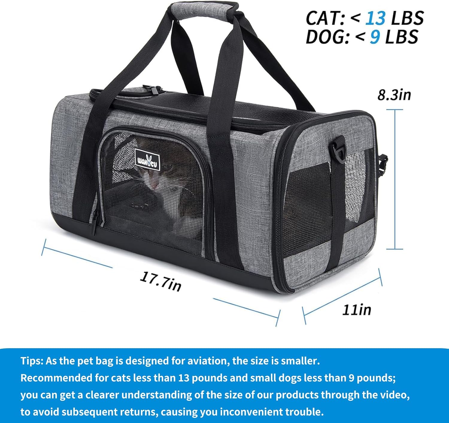 Wakytu TSA Approved Pet Carrier for Small Cats Dogs, Travel Bag with Adequate Ventilation, 5 Mesh Windows, 3 Entrance, Locking Safety Zippers, Padded Shoulder and Carrying Strap, Small - Image 3
