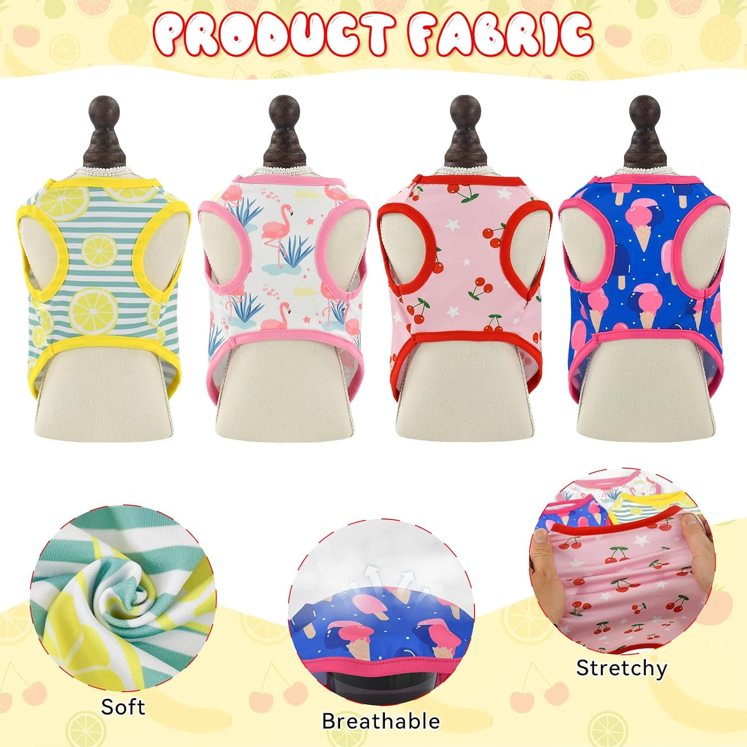 Vehomy 4-Pack Dog Summer Shirt Puppy Cat Summer Cool Sleeveless with Lemon Cherry Icecream Flamingo Patterns Dog Cooling Vest Pet Stripe Tank Tops Outfits Clothes for Small Medium Dogs XS - Image 2