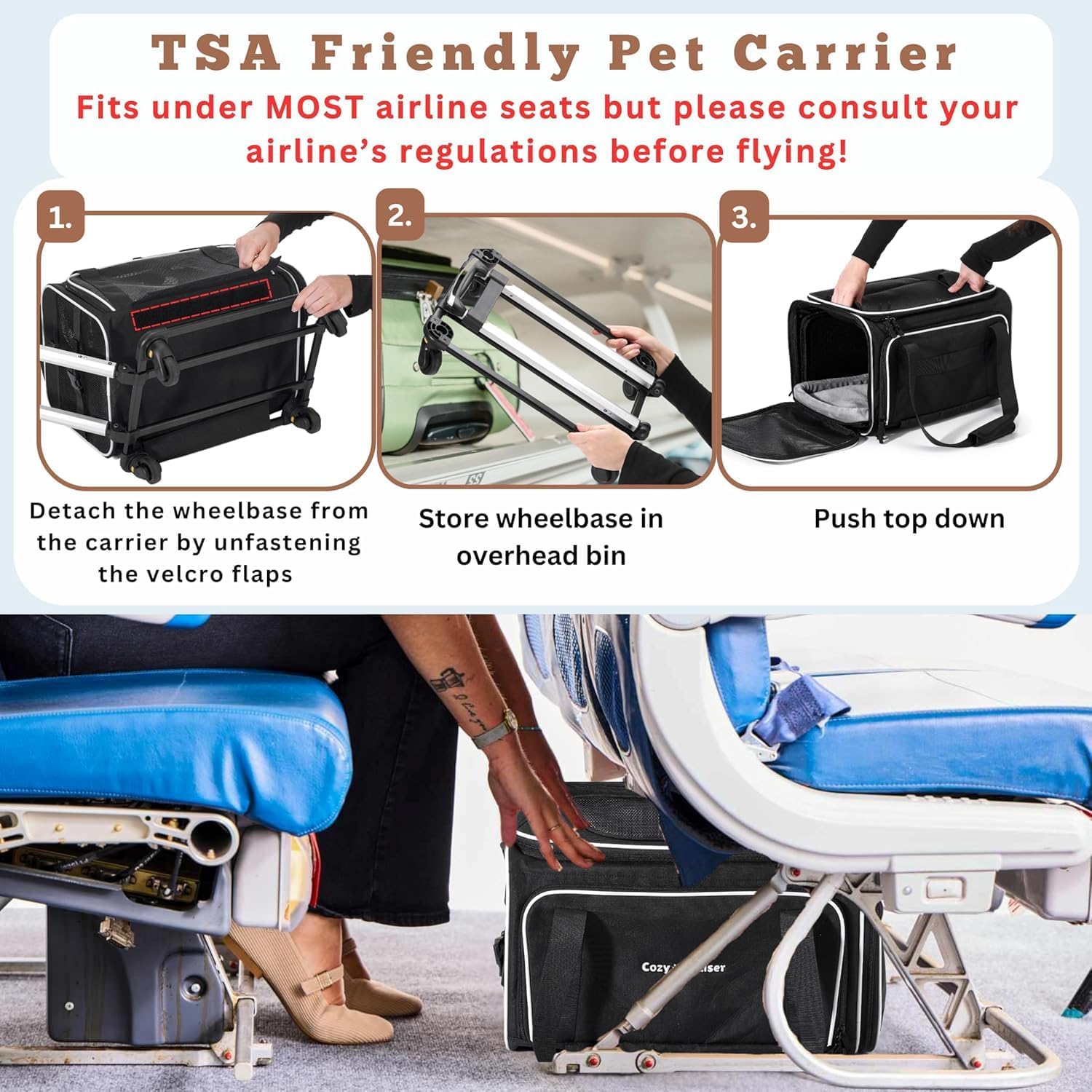 Airline Approved Top-Expanding Pet Carrier on Wheels- Extra Spacious Soft Lined Carrier! 18x11x11 (Grey, Expanding Sides) - Image 2
