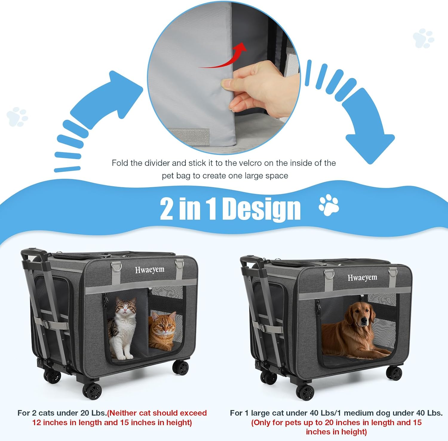 Extra Large Pet Cat Carrier with Wheels, Rolling Pet Carrier for 2 Cats or Medium Dog, 24" X 15" X 17" Portable Dog Cat Crate for Large Cat, Support up to 40 Lbs, Dark Gray - Image 5