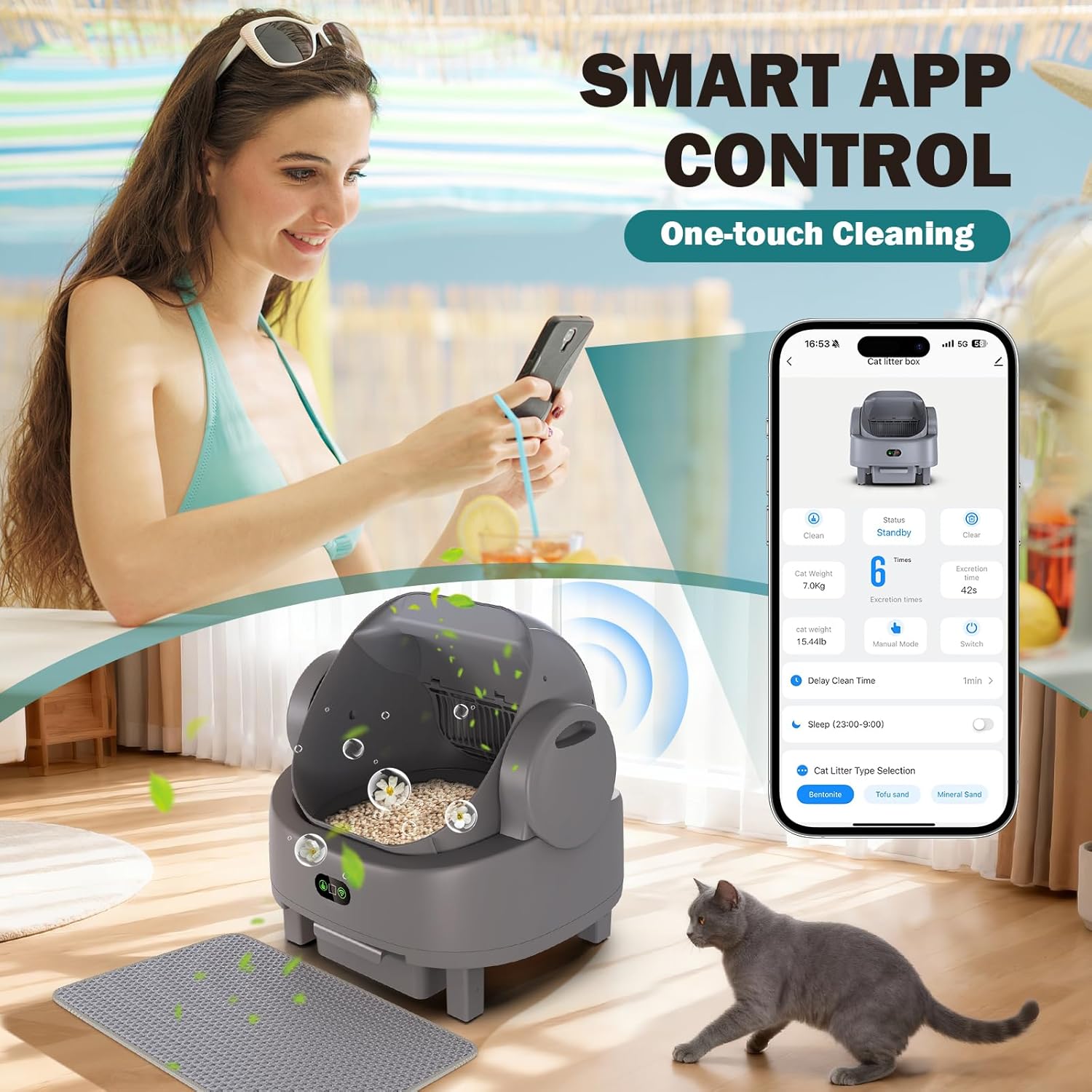Automatic Litter Box, Open Top Large Self Cleaning Cat Litter Box for Multiple Cats, with APP Control/Multiple Safety Sensors/Trash Bag/Litter Mat, Cat Box Automatic Cleaning - Image 6