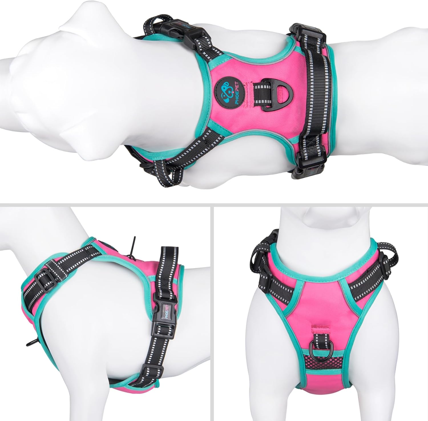 PHOEPET 2019 Upgraded No Pull Dog Harness, Reflective Adjustable Vest, with a Training Handle + 2 Metal Leash Hooks+ 3 Snap Buckles +4 Slide Buckles(L, Pink) - Image 2