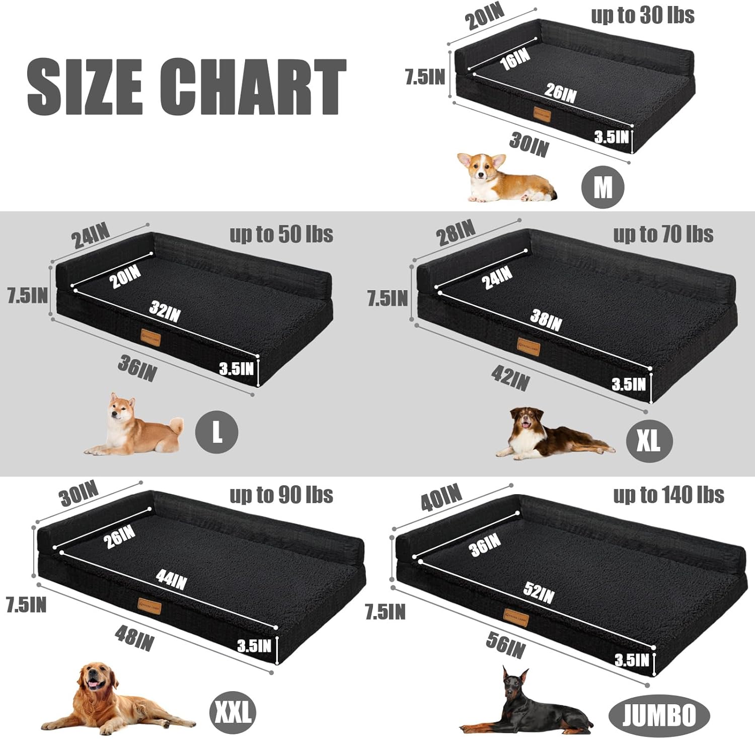 Patas Lague Orthopedic Dog Bed Large Sized Dog 36''X24'', Waterproof L Bolster Medium Pet Sofa Beds with Removable Washable Cover, Soft Comfortable Pet Couch Crate Mat with Nonskid Bottom, Black - Image 5