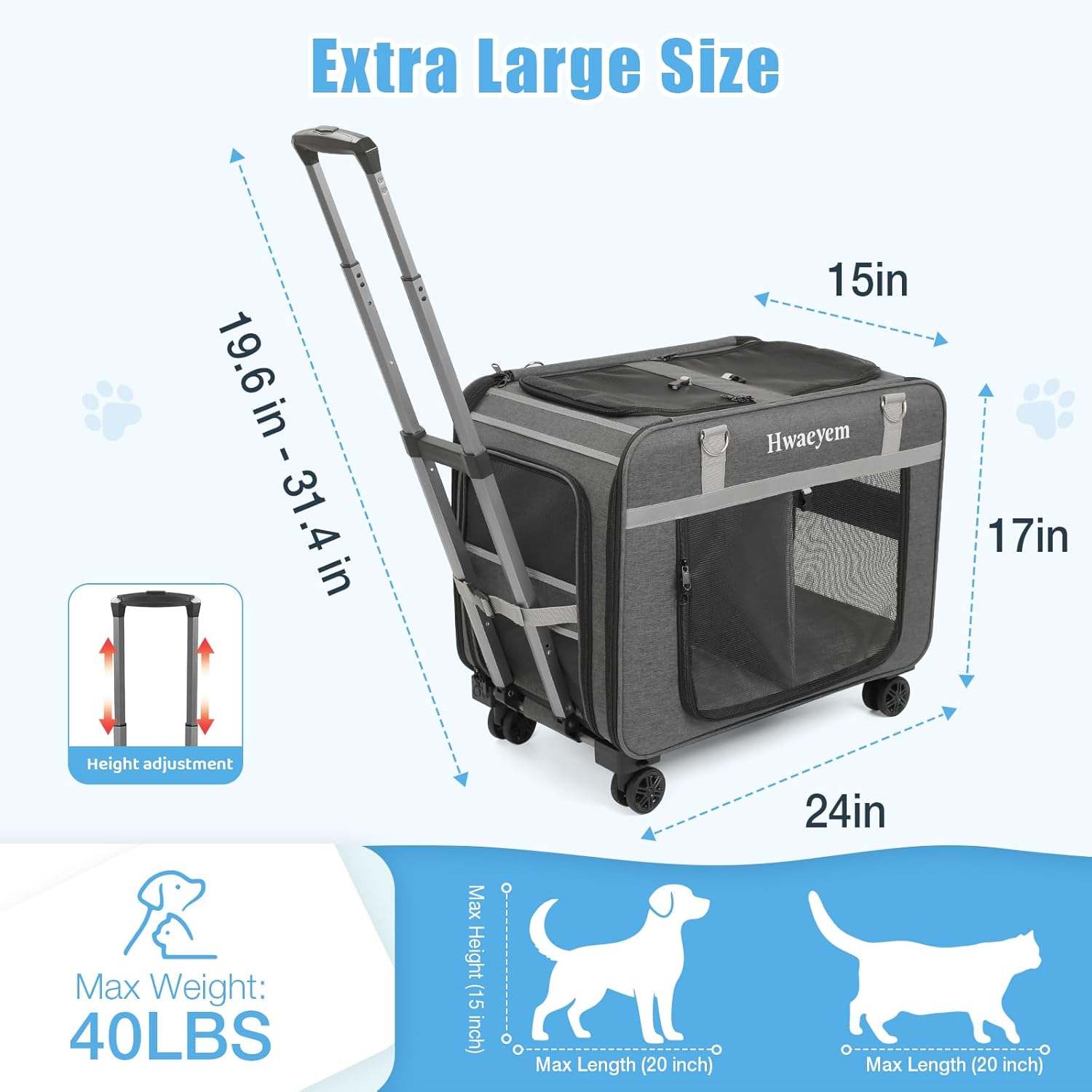 Extra Large Pet Cat Carrier with Wheels, Rolling Pet Carrier for 2 Cats or Medium Dog, 24" X 15" X 17" Portable Dog Cat Crate for Large Cat, Support up to 40 Lbs, Dark Gray - Image 4