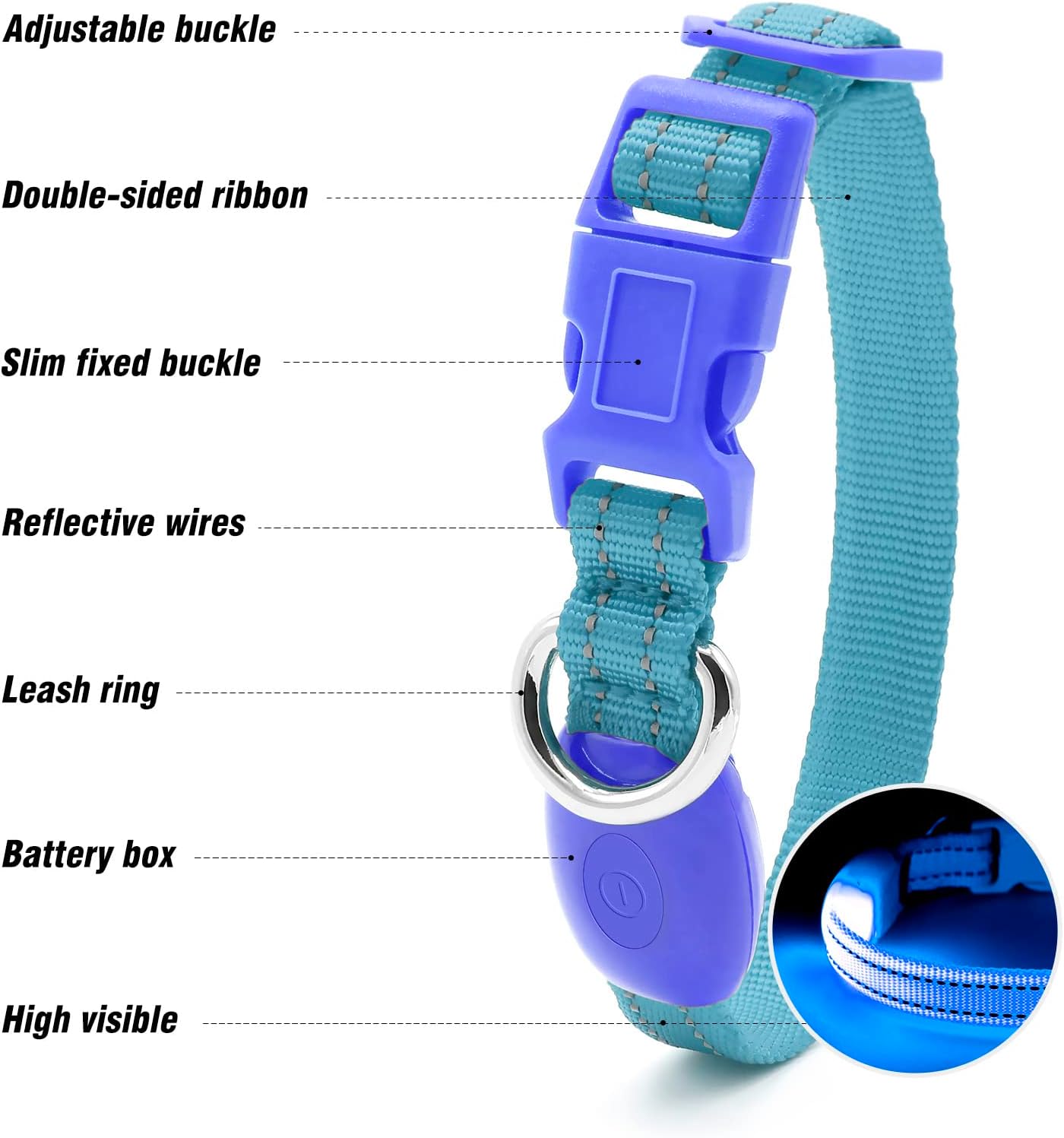 Visinite Light Up Dog Collars for Small Dogs,LED Dog Collar Light Rechargeable,Fully Adjustable Lighted Dog Collar,Glow in The Dark Dog Collars with Dog Lights for Night Walking,Blue - Image 3