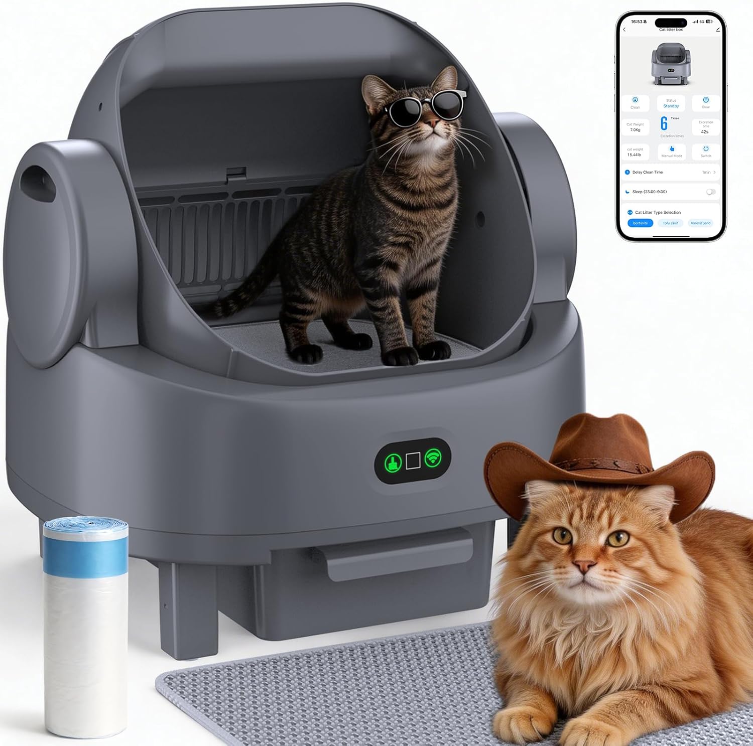 Automatic Litter Box, Open Top Large Self Cleaning Cat Litter Box for Multiple Cats, with APP Control/Multiple Safety Sensors/Trash Bag/Litter Mat, Cat Box Automatic Cleaning
