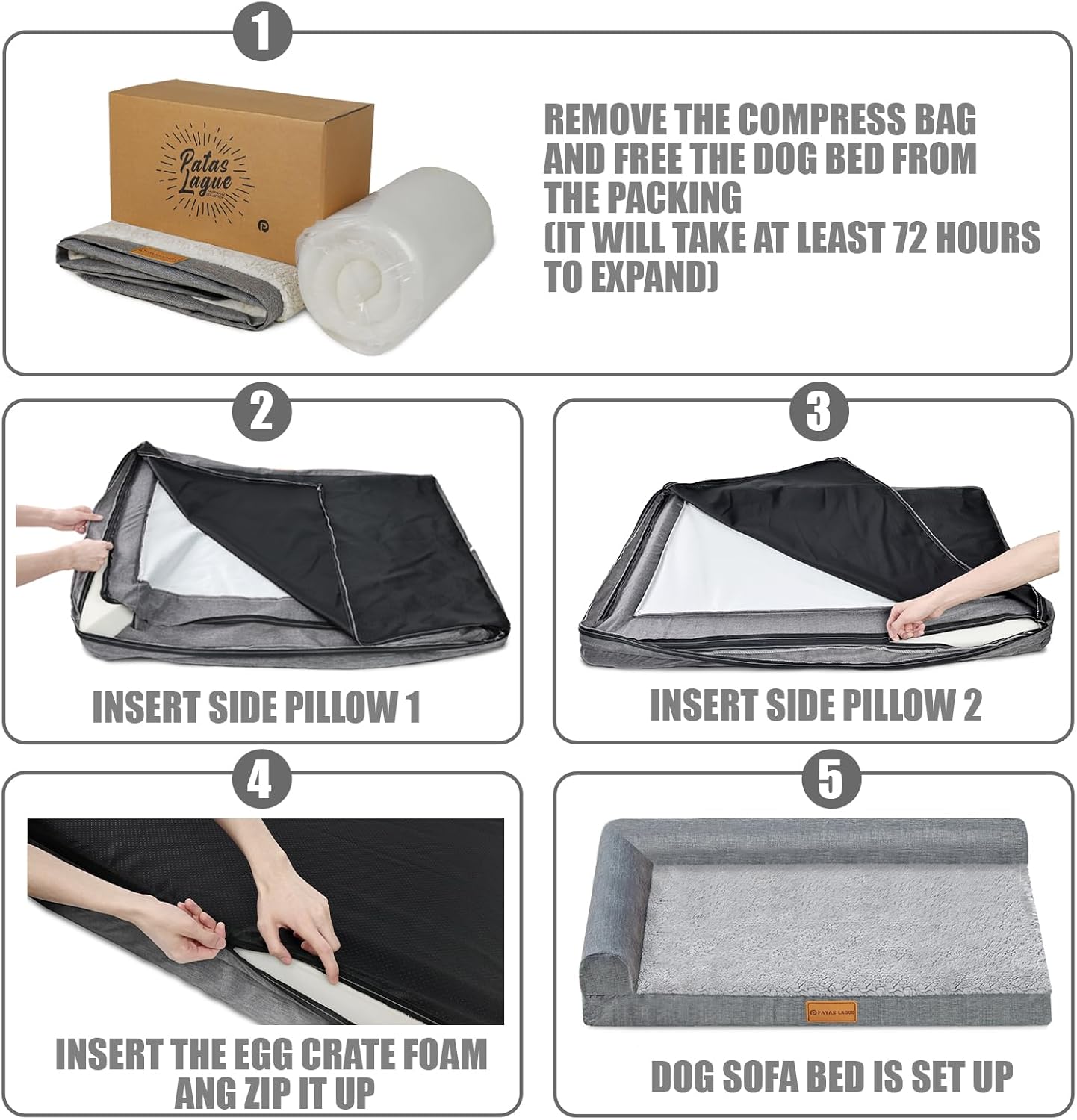 Patas Lague Orthopedic Dog Bed Large Sized Dog 36''X24'', Waterproof L Bolster Medium Pet Sofa Beds with Removable Washable Cover, Soft Comfortable Pet Couch Crate Mat with Nonskid Bottom, Black - Image 7