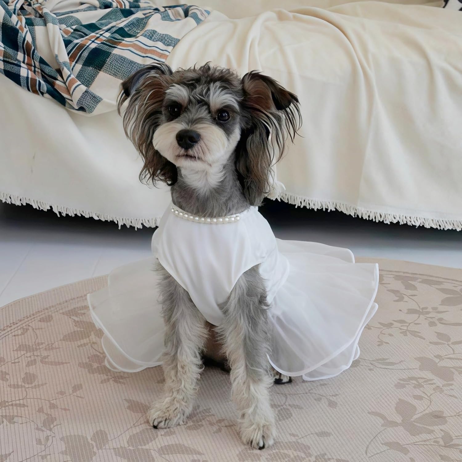 ASENKU Dog Dress, Dog Wedding Dress, Pet Lace Princess Dress with Bows for Wedding Birthday Party, Puppy Formal Apparel with Pearl Necklace for Small Medium Dogs (White, Medium) - Image 6