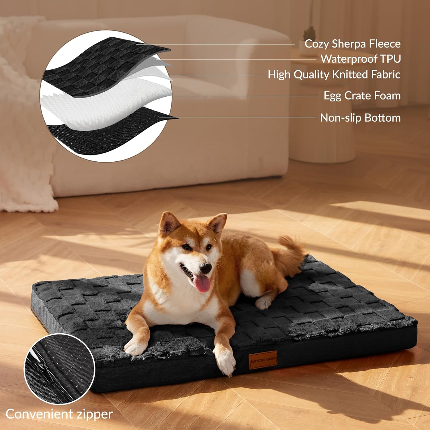 Patas Lague Orthopedic Dog Bed Large Sized Dog 36''X24'', Waterproof Soft Comfortable Egg Crate Foam Large Pet Beds Crate Mat with Removable Washable Cover and Nonskid Bottom, Black - Image 2