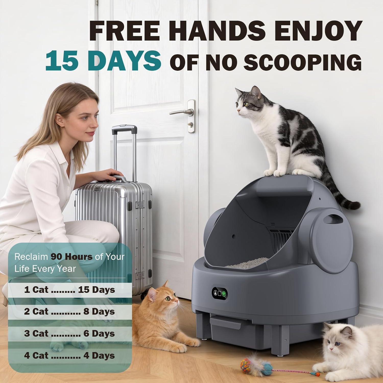 Automatic Litter Box, Open Top Large Self Cleaning Cat Litter Box for Multiple Cats, with APP Control/Multiple Safety Sensors/Trash Bag/Litter Mat, Cat Box Automatic Cleaning - Image 2