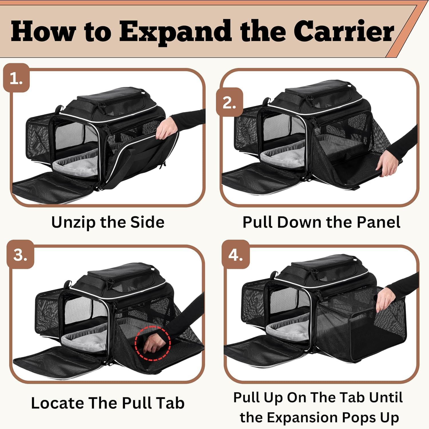 Airline Approved Top-Expanding Pet Carrier on Wheels- Extra Spacious Soft Lined Carrier! 18x11x11 (Grey, Expanding Sides) - Image 7