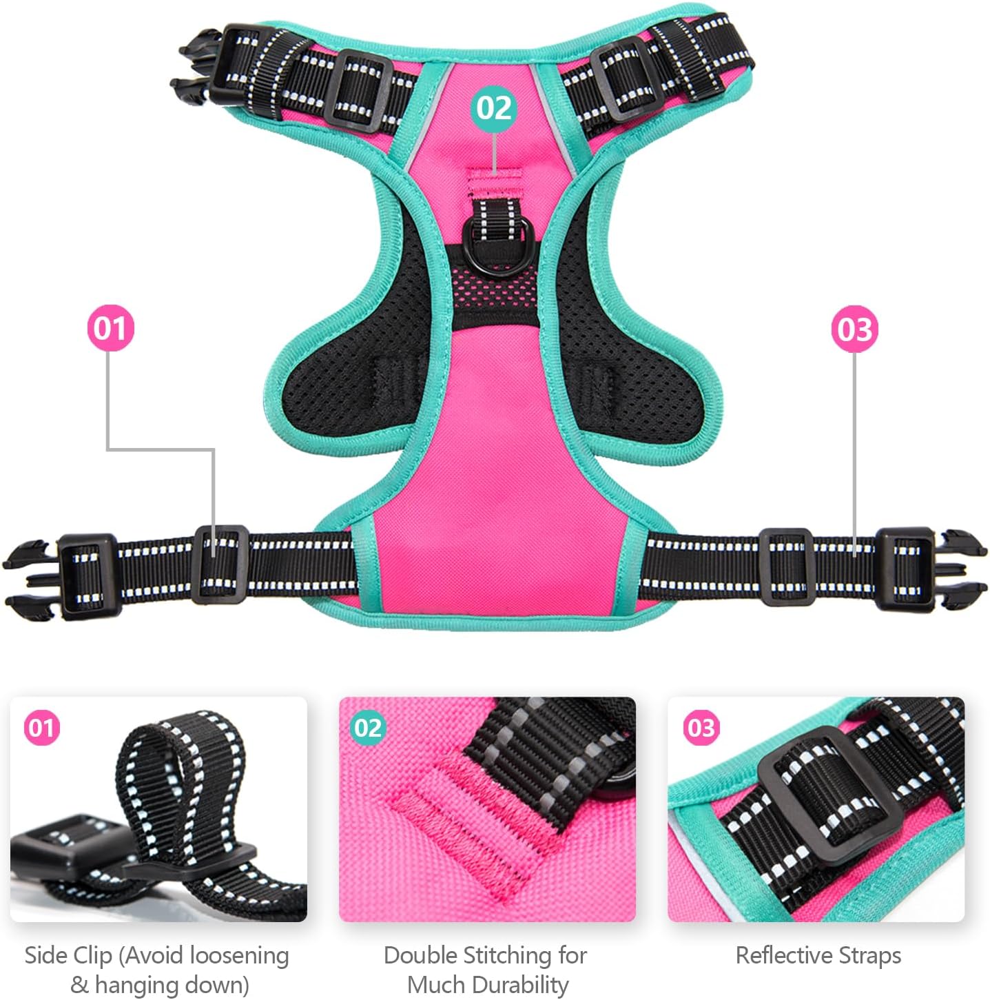 PHOEPET 2019 Upgraded No Pull Dog Harness, Reflective Adjustable Vest, with a Training Handle + 2 Metal Leash Hooks+ 3 Snap Buckles +4 Slide Buckles(L, Pink) - Image 4