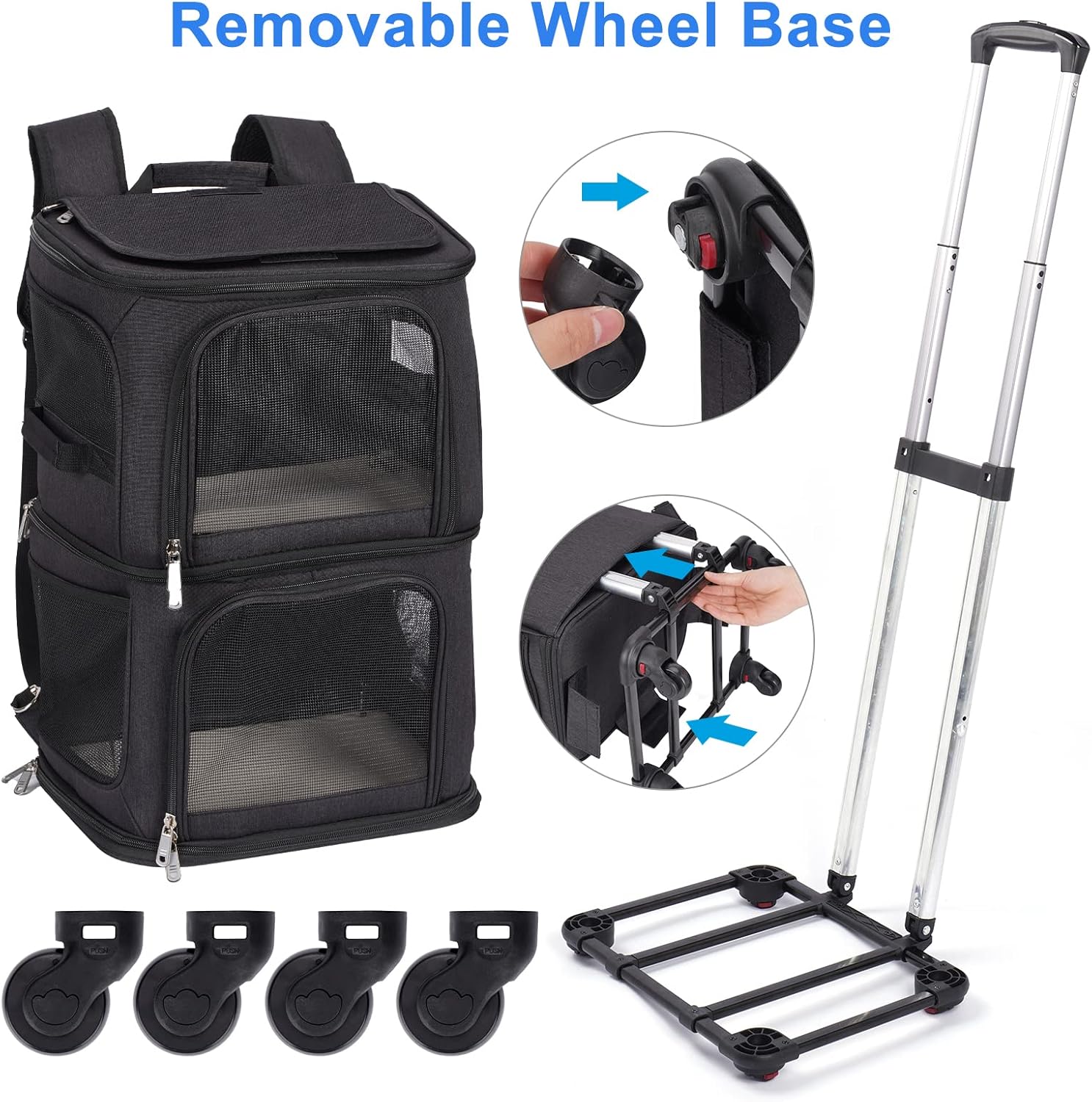 Double Pet Carrier Backpack with Wheels for Small Cats and Dogs, Rolling Cat Travel Carrier, Super Ventilated Design, Ideal for Traveling/Hiking/Camping, Black - Image 5
