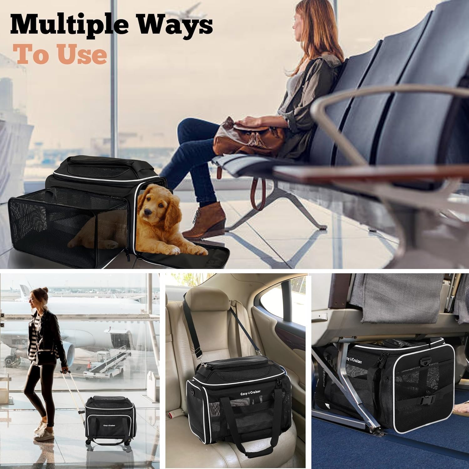 Airline Approved Top-Expanding Pet Carrier on Wheels- Extra Spacious Soft Lined Carrier! 18x11x11 (Grey, Expanding Sides) - Image 3