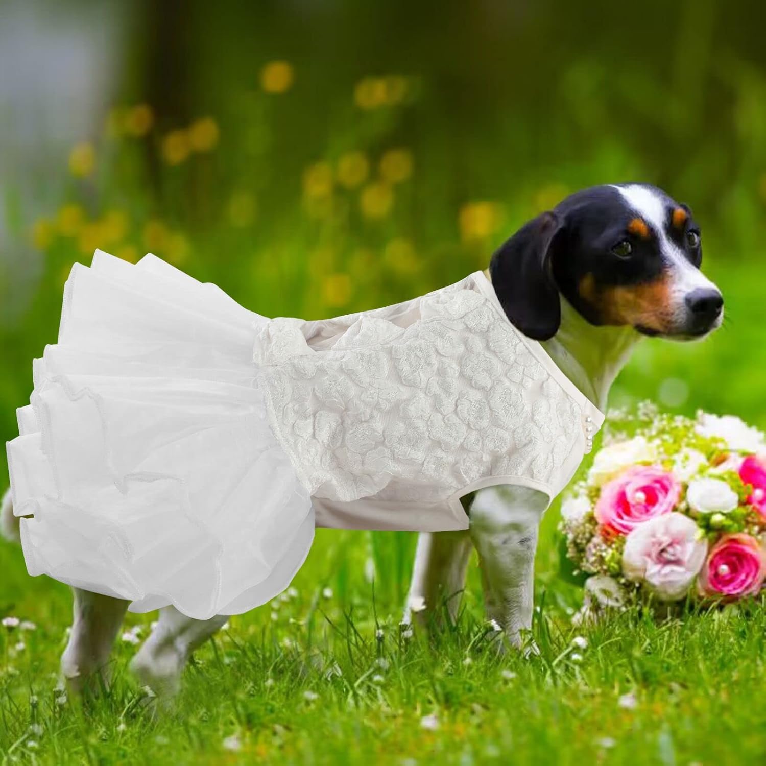 ASENKU Dog Dress, Dog Wedding Dress, Pet Lace Princess Dress with Bows for Wedding Birthday Party, Puppy Formal Apparel with Pearl Necklace for Small Medium Dogs (White, Medium) - Image 9
