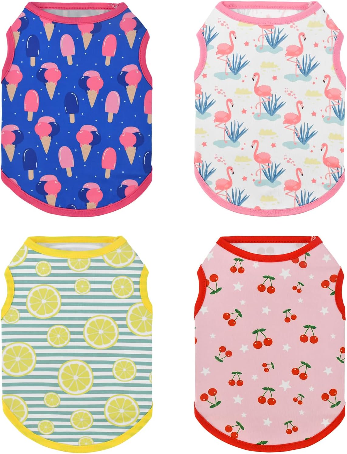 Vehomy 4-Pack Dog Summer Shirt Puppy Cat Summer Cool Sleeveless with Lemon Cherry Icecream Flamingo Patterns Dog Cooling Vest Pet Stripe Tank Tops Outfits Clothes for Small Medium Dogs XS