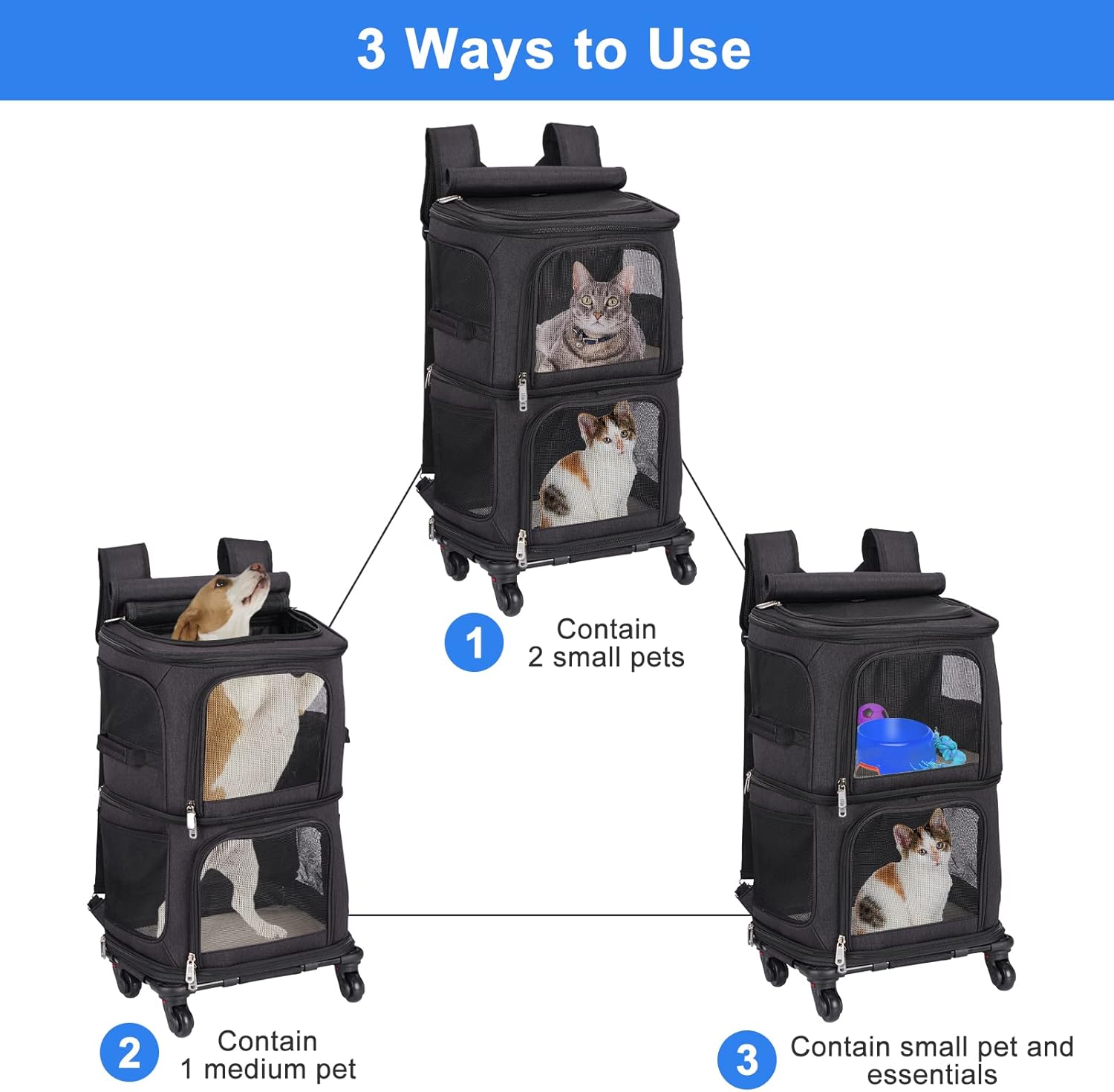 Double Pet Carrier Backpack with Wheels for Small Cats and Dogs, Rolling Cat Travel Carrier, Super Ventilated Design, Ideal for Traveling/Hiking/Camping, Black - Image 2
