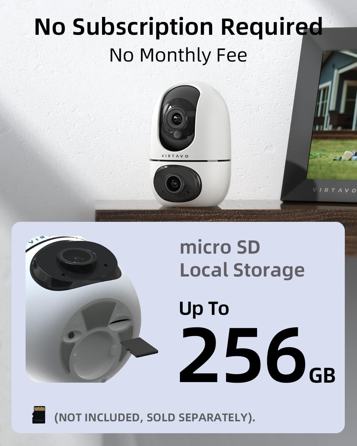 VIRTAVO XD1 Indoor Security WiFi Camera, No Subscription Required, Dual-Lens 360° PTZ Baby Monitor & Pet Cam, Motion Tracking, 2-Way Audio, Night Vision,Optional Cloud/SD Storage, Phone App, Wired - Image 3