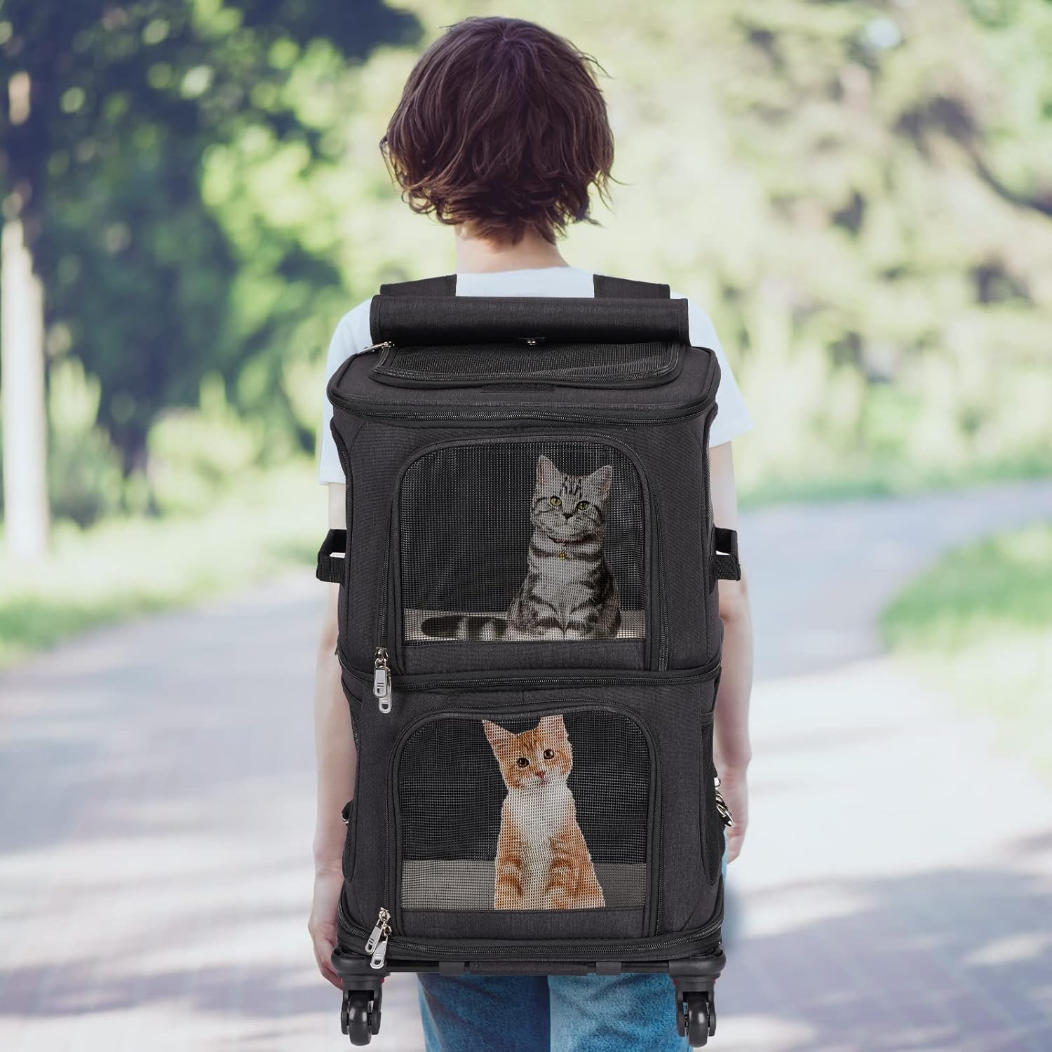 Double Pet Carrier Backpack with Wheels for Small Cats and Dogs, Rolling Cat Travel Carrier, Super Ventilated Design, Ideal for Traveling/Hiking/Camping, Black - Image 7