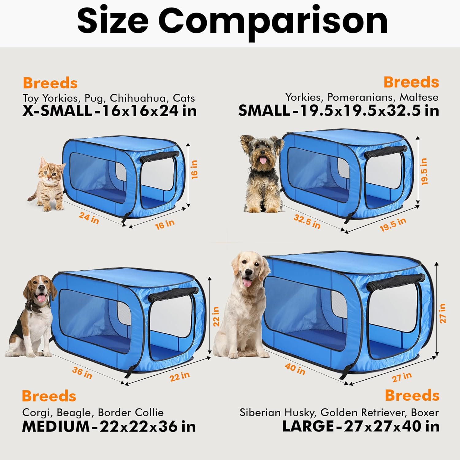 Beatrice Home Fashions Portable, Collapsible, Pop Up Kennel Travel Cat and Dog Crate, 32.5" L x 19.5" W x 19.5" H, Blue - Image 3