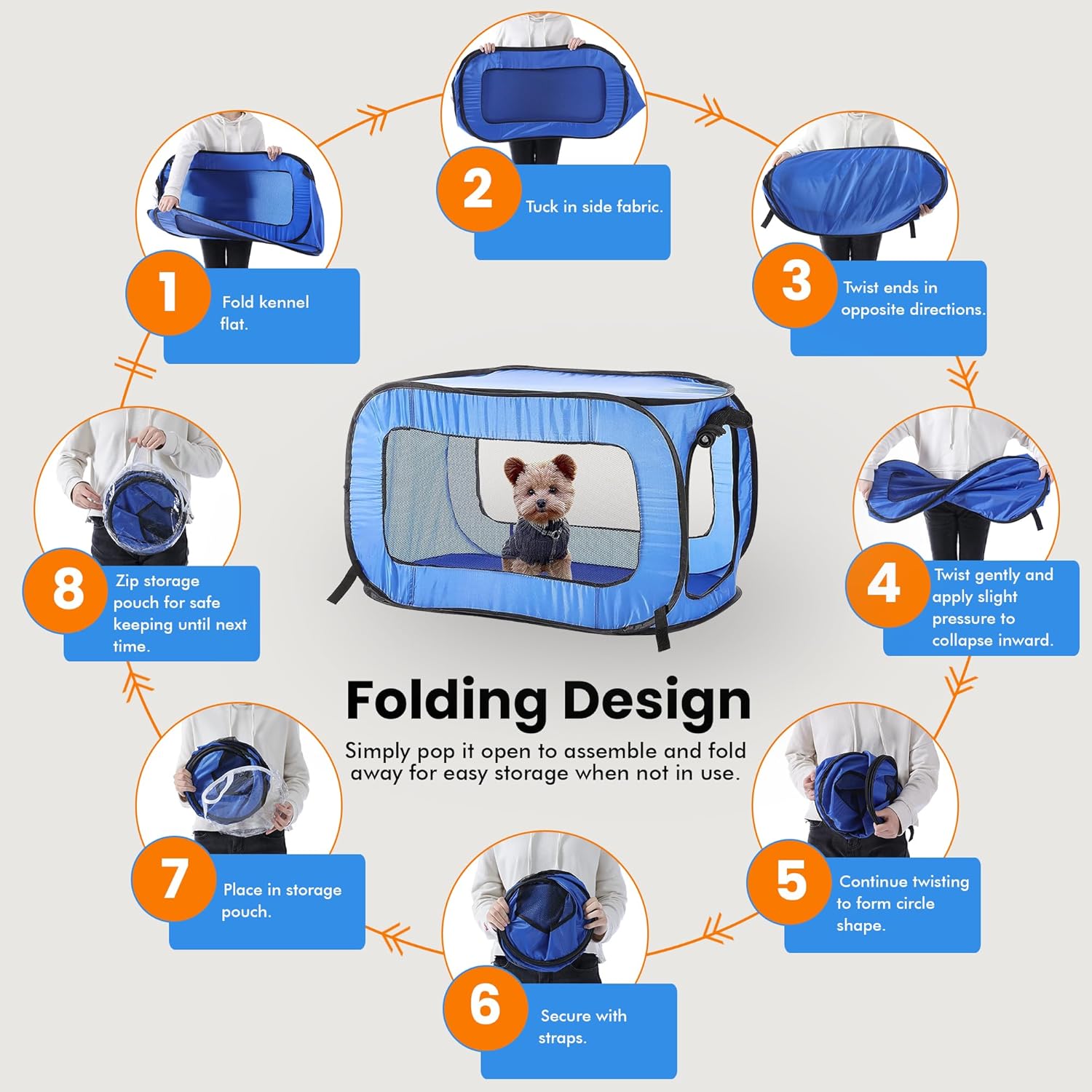Beatrice Home Fashions Portable, Collapsible, Pop Up Kennel Travel Cat and Dog Crate, 32.5" L x 19.5" W x 19.5" H, Blue - Image 5