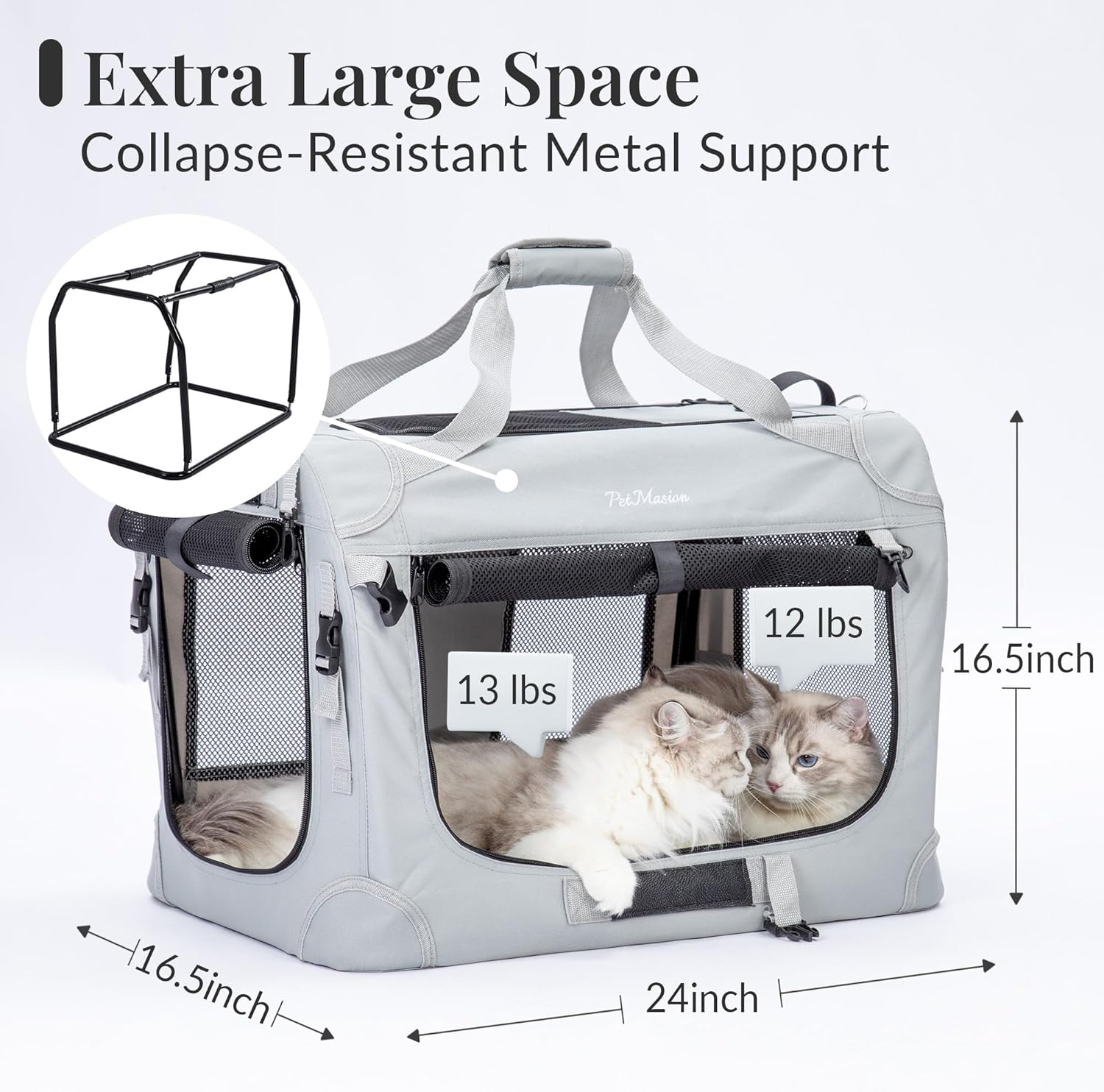 Extra Large Cat Carrier for 2 Cats, Collapsible Soft Sided Pet XL Crate for Large Mudium Big Cat 20lbs+, Car Travel Portable Bag for Long Trips Ride 24"x16.5"x16.5" - Image 2