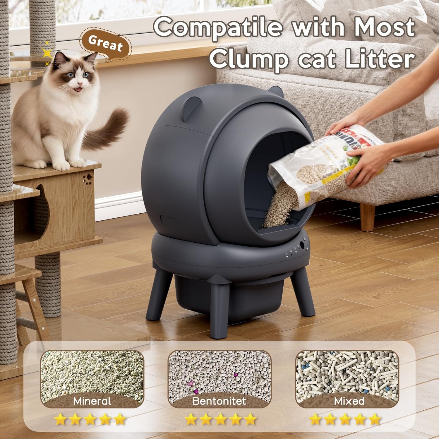 Automatic Litter Box, Self Cleaning Litter Box with App Control, Large Capacity for Multiple Cats, Noise & Odor Control, Dual Safety Sensors, Easy Maintenance with 2 Roll Garbage Bags, Gray - Image 7