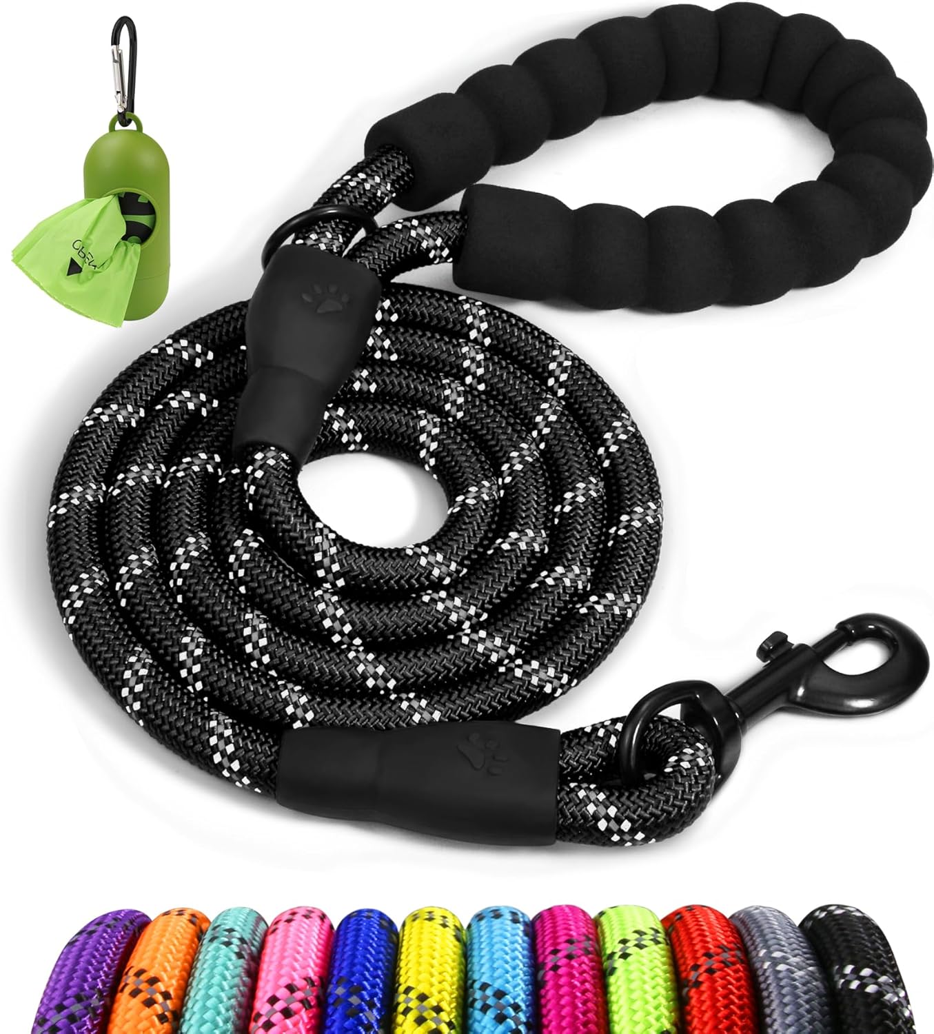 Taglory Rope Dog Leash 6 FT with Comfortable Padded Handle, Highly Reflective Threads Leash and Anti-Tangle Clip for Walking Medium Large Dogs, 1/2 inch, Black