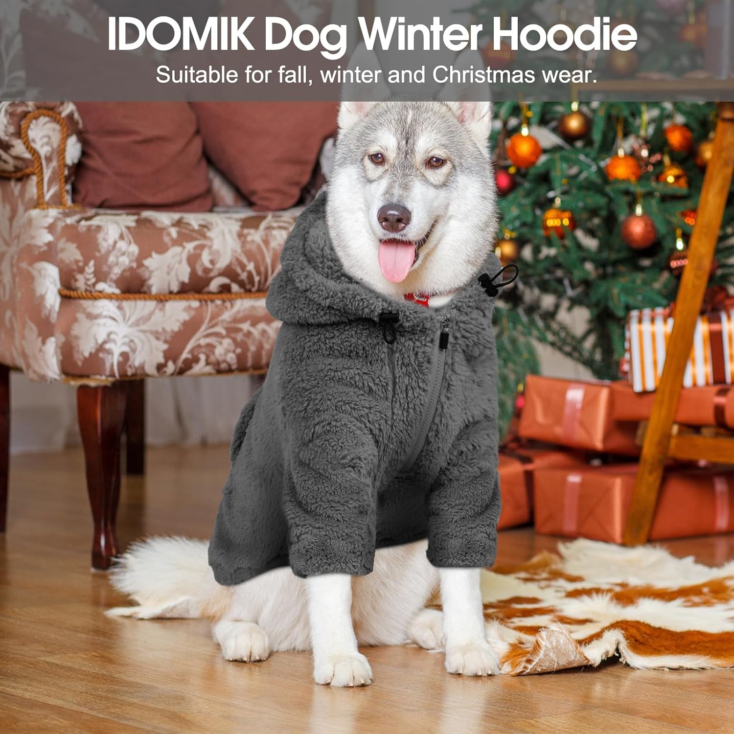 IDOMIK Fuzzy Dog Sweater with Adjustable Hood, Warm Fleece Dog Sweater Hoodie with Harness Hole & Pocket, Pullover Sweaters for Large Dogs, Fuzzy Hooded Sweatshirt for Fall Winter Christmas,Grey,XL - Image 7