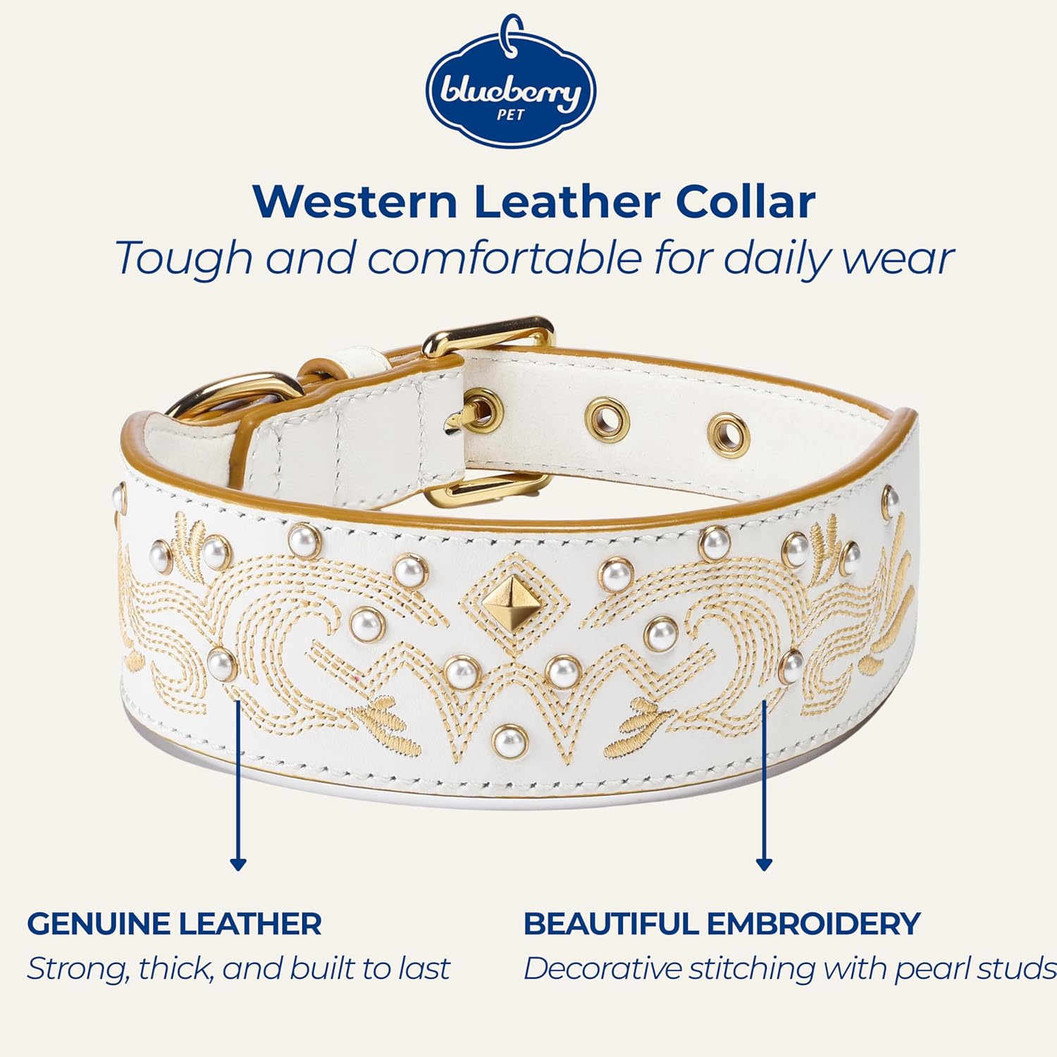 Blueberry Pet Western Genuine Leather Dog Collar for Medium Breeds, Pearl White - Floral Embroidery, Pearl Studs, Adjustable 15-18 Inch Neck, Dog Collars for Medium Dogs - Image 3