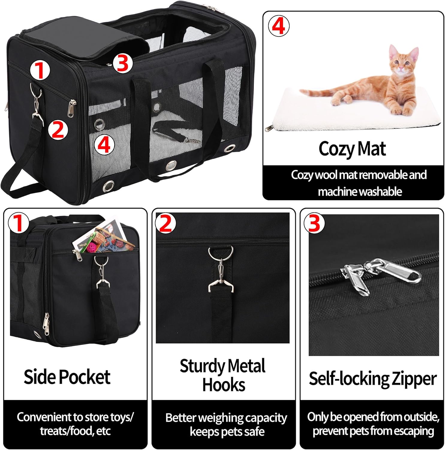 Soft Sided Cat/Dog Carrier,Collapsible Pets Travel Carriers for Pet/Puppy with Shoulder Strap & Removable Mat,Mesh Top Load Small Dogs/Cats Carry Bag Up to 17 Lbs TSA Airline Approved(Black,M) - Image 4