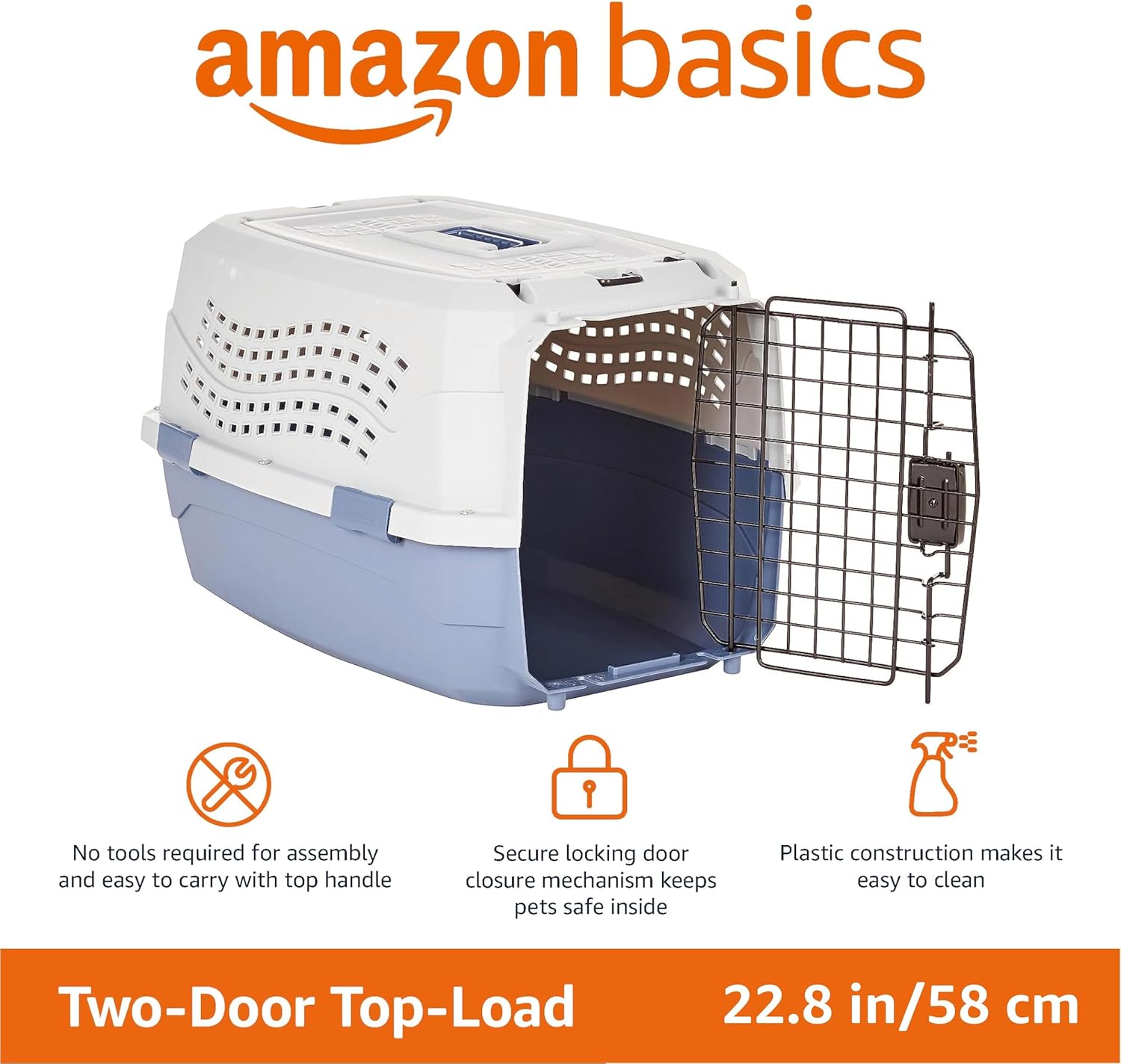 Amazon Basics Sturdy Portable 2-Door Top-Load Hard-Sided Pet Travel Carrier with Secure Ventilation, Handle, Front & Top Entry for Dogs, Cats, 22.8"L x 15"W x 13"H, Gray & Blue - Image 2