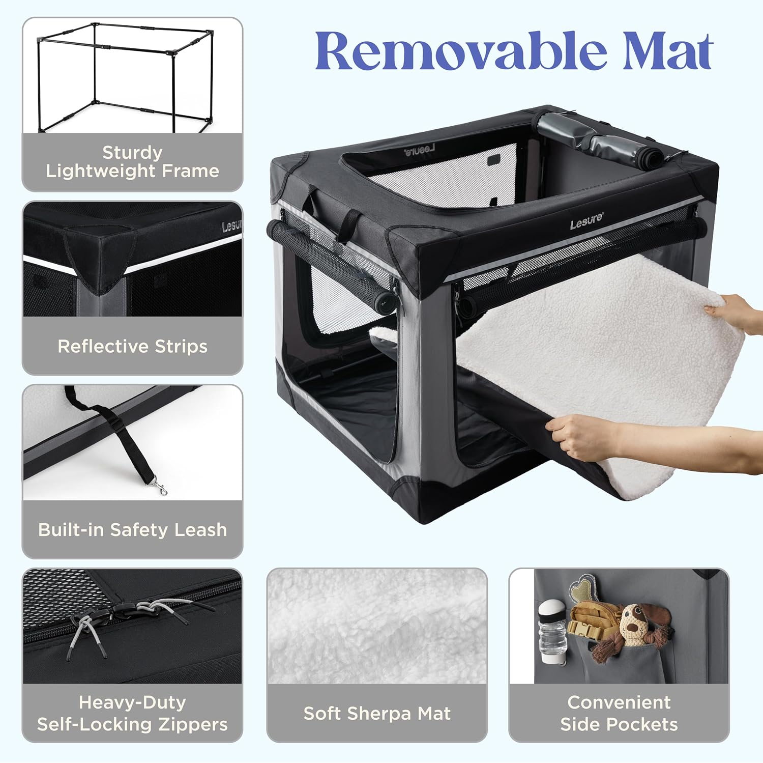 Lesure Shown on TODAY Show Soft Collapsible Dog Crate - 42 Inch Portable Travel Crate for Extra Large Dogs Indoor & Outdoor, 4-Door Foldable Pet Kennel with Mesh Windows, Black - Image 5