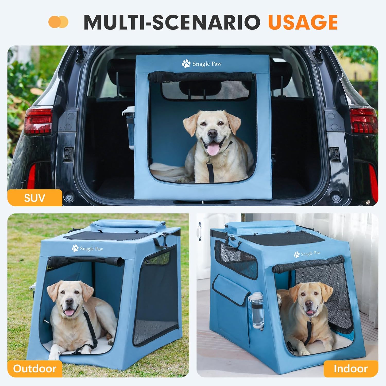 Snagle Paw Portable Dog Crate for Car Travel, Collapsible Large Dog Travel Crate with Metal Frame & 3-Door Mesh Windows, Secures in Trunk/Backseat, Soft-Sided Kennel Carrier for Medium Large Dogs-XL - Image 7
