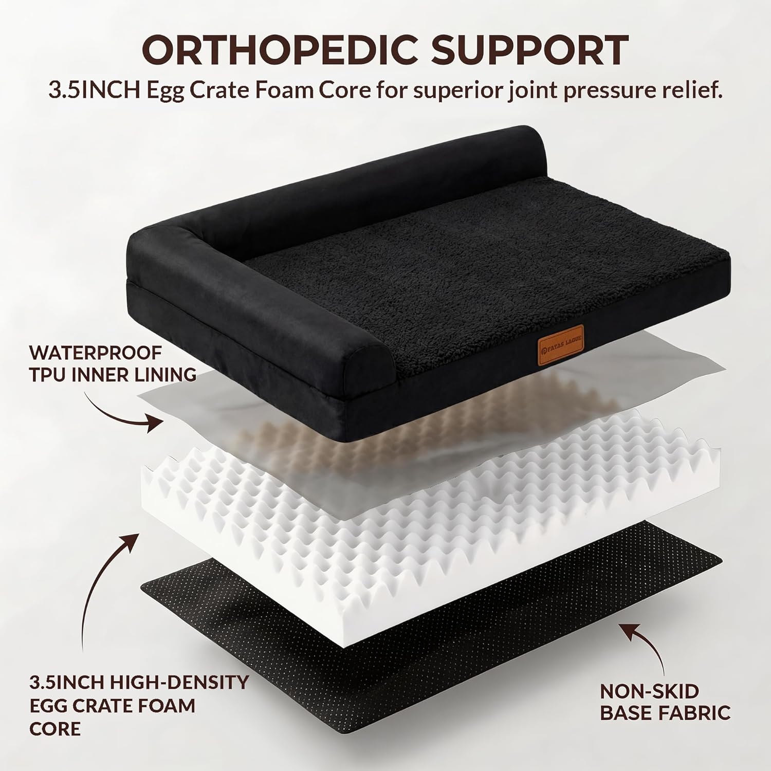 Patas Lague Orthopedic Dog Bed Large Sized Dog 36''X24'', Waterproof L Bolster Medium Pet Sofa Beds with Removable Washable Cover, Soft Comfortable Pet Couch Crate Mat with Nonskid Bottom, Black - Image 4