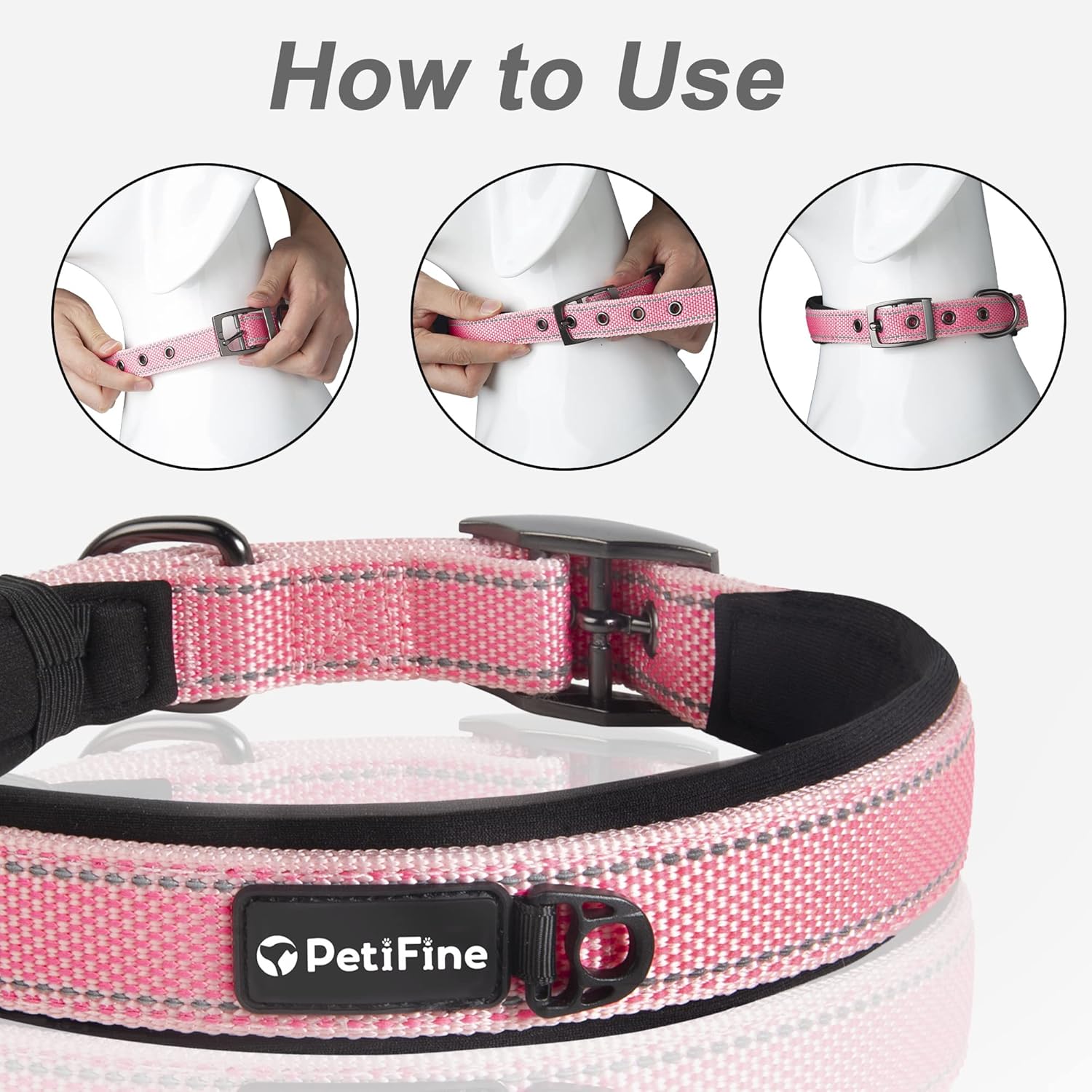 PetiFine Neoprene Padded Dog Collar, Heavy Duty Comfort Dog Collar with Durable Metal Buckle, Reflective Adjustable Belt Buckle Dog Collars for Small Medium Large Dogs(14.5''-19'', Pink) - Image 6