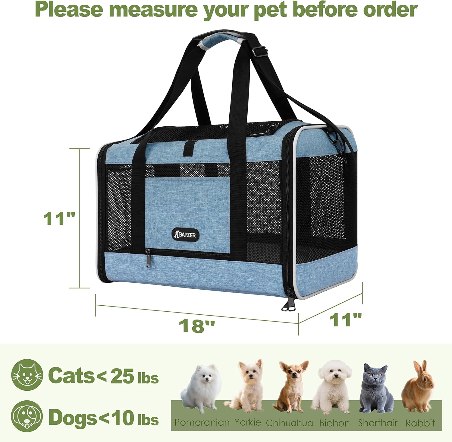GAPZER Cat Carrier 18 x 11 x 11 Top Loading Soft-Sided Pet Travel Bag Over 15lbs, Portable Small Dog Puppy Car Crate 10 lbs, Chihuahua Kennel Carry Case, Kitty Cloth Cage Medium Cat Under 25 Blue - Image 2